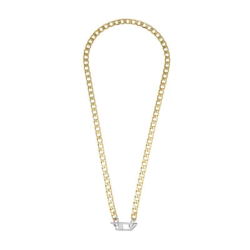 Gold-tone stainless steel Diesel DX1438931 Cuban link necklace featuring a silver-tone Diesel “D” clasp.
