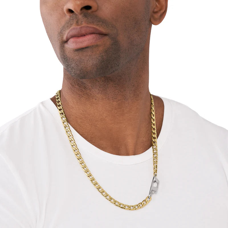 Gold-tone stainless steel Diesel DX1438931 Cuban link necklace featuring a silver-tone Diesel “D” clasp.