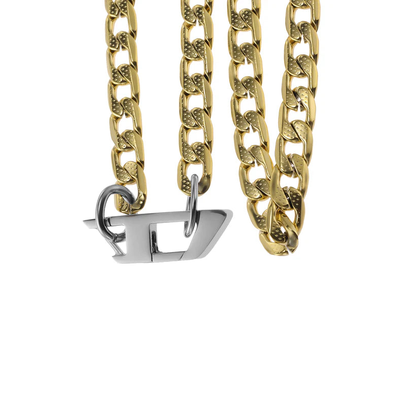 Gold-tone stainless steel Diesel DX1438931 Cuban link necklace featuring a silver-tone Diesel “D” clasp.