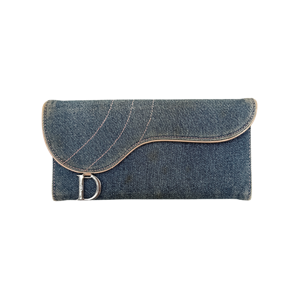 Dior Saddle Denim Wallet in blue denim with signature curved silhouette and silver-tone 'D' charm on the front flap.