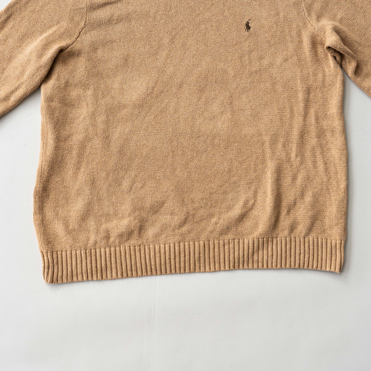 Polo Ralph Lauren brown Pima cotton knit crewneck sweater with embroidered pony logo, displayed flat.