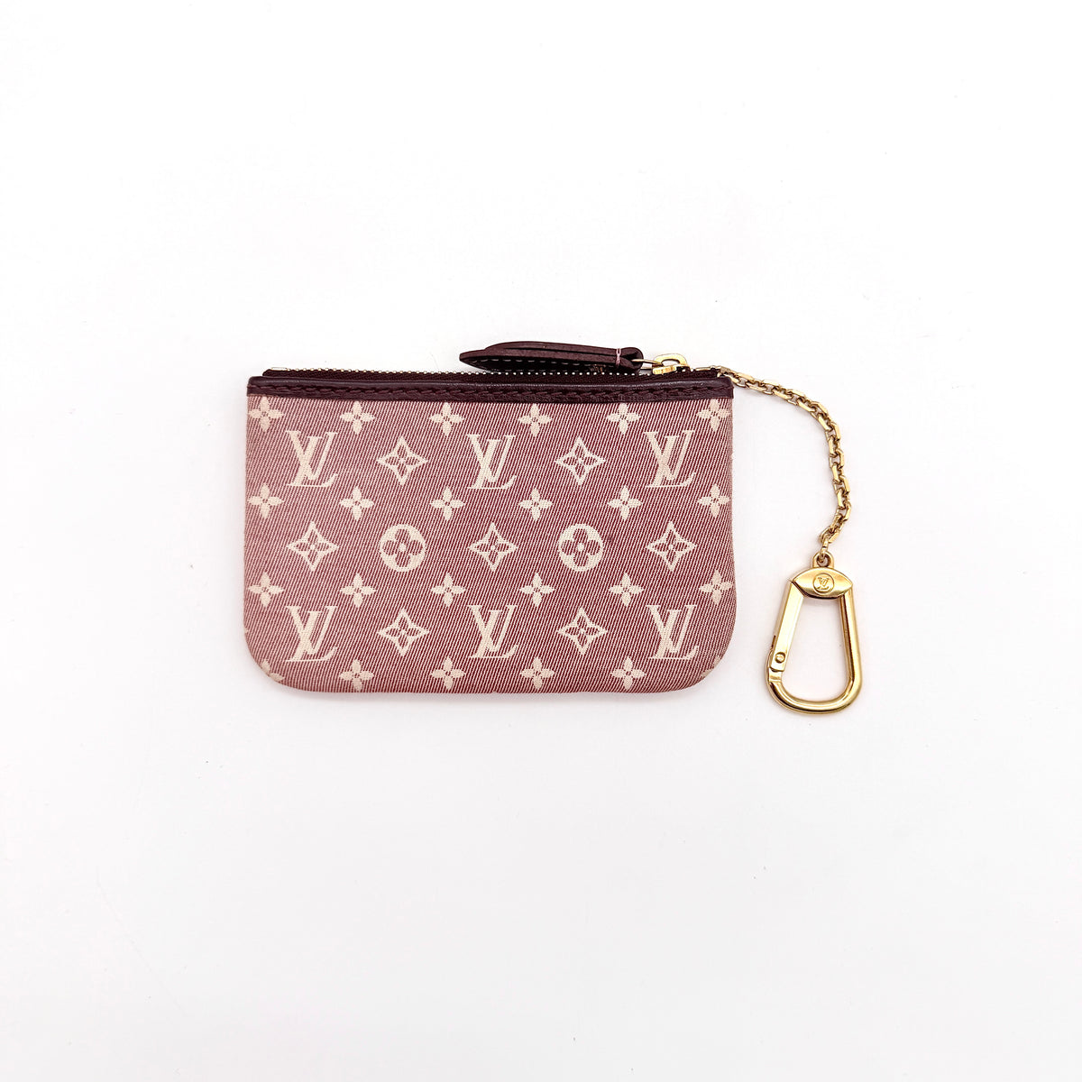 Louis Vuitton Monogram Idylle Pochette Cles Coin Case in sepia pink canvas with gold-tone hardware and monogram pattern.