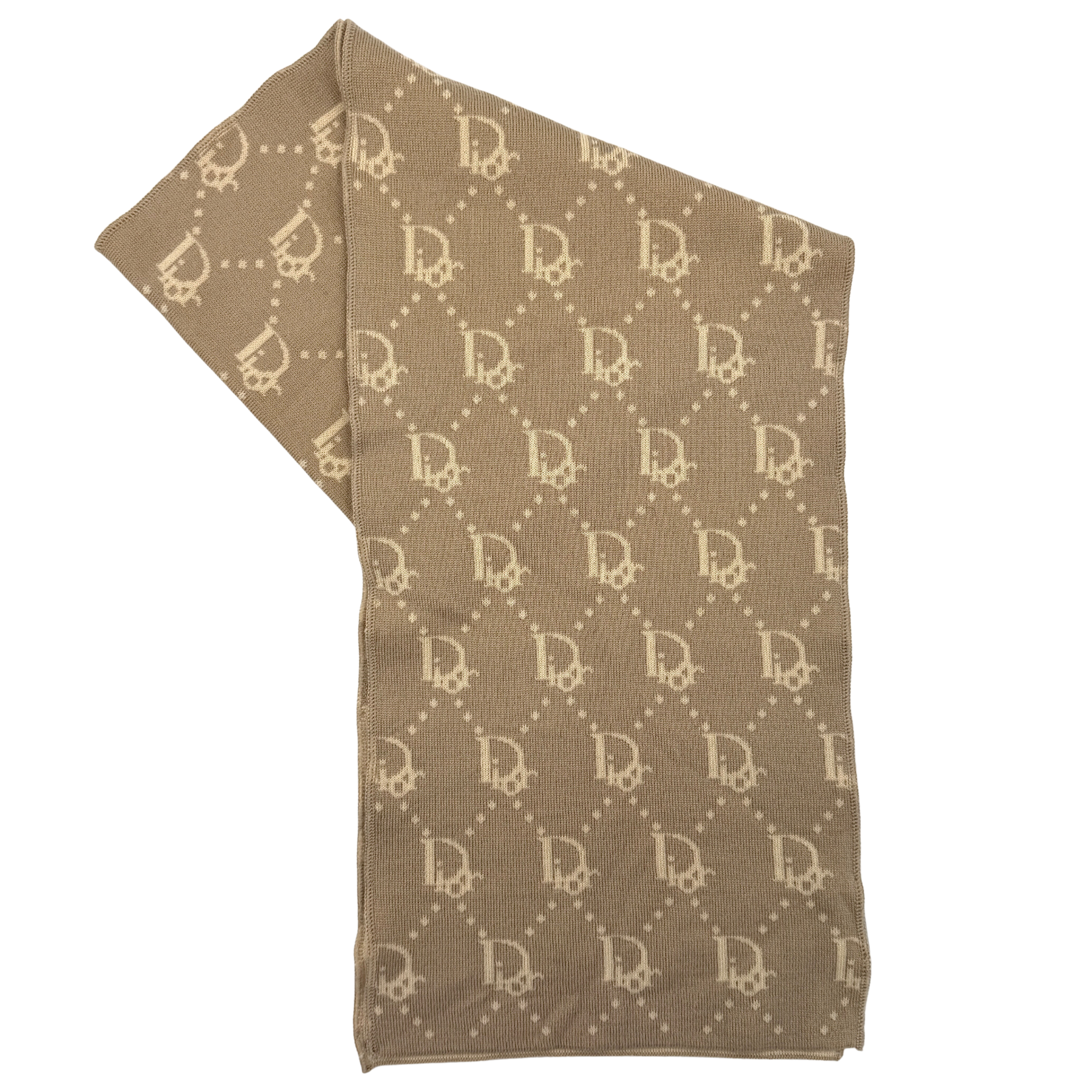 Beige Dior wool scarf featuring an all-over monogram jacquard pattern, elegantly displayed to reveal both sides' colour contrast.