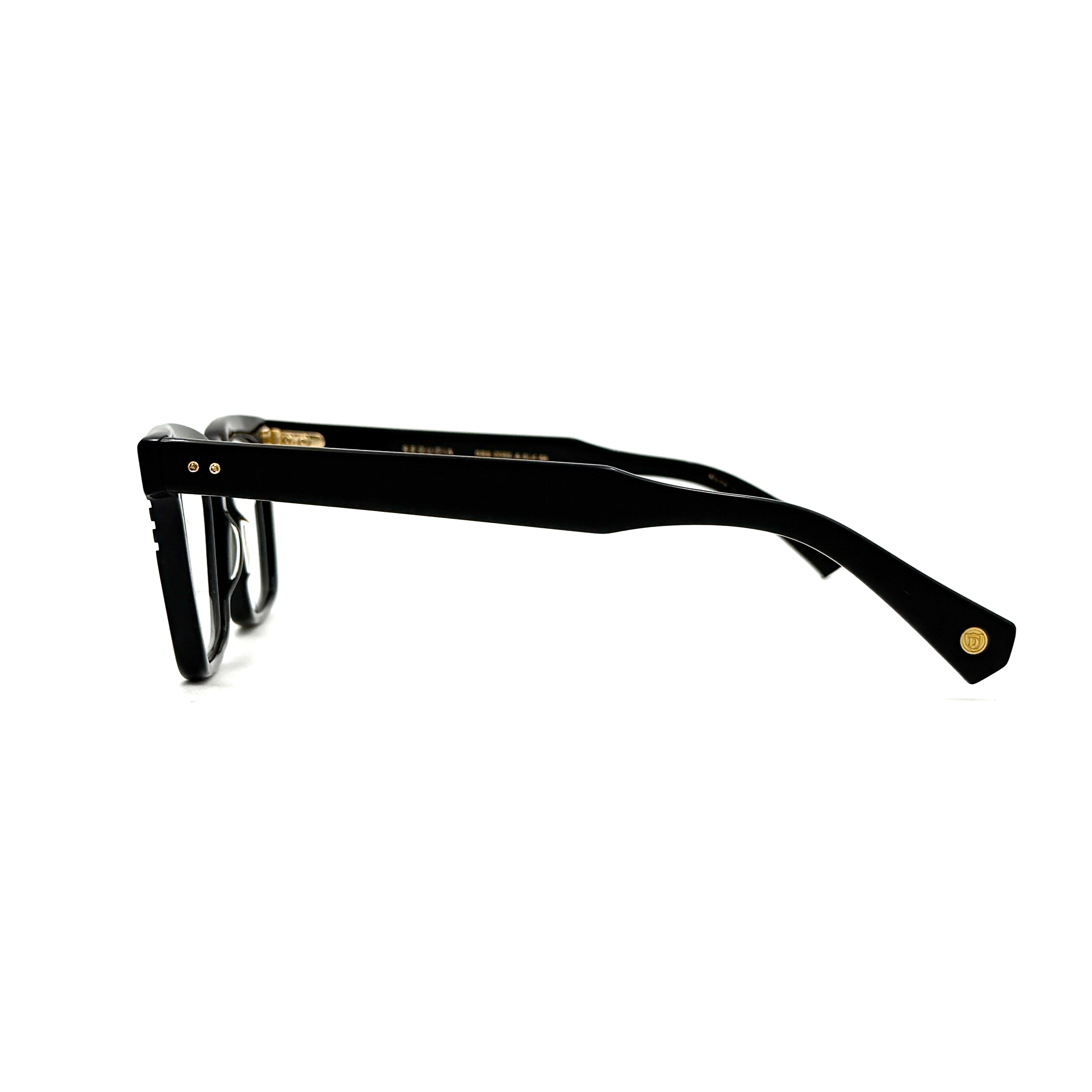 DITA Sequoia DRX-2086 black square-frame sunglasses with gold-tone accents and branded case.