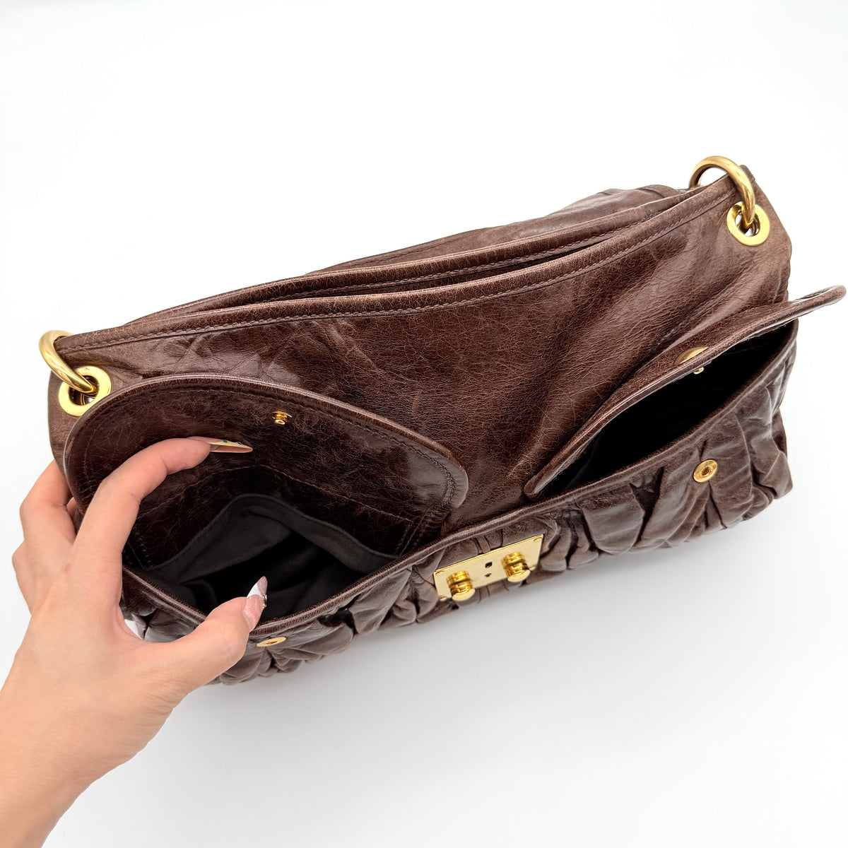Miu Miu 2Way Matelasse Coffer Hobo Shoulder Bag Dark Brown