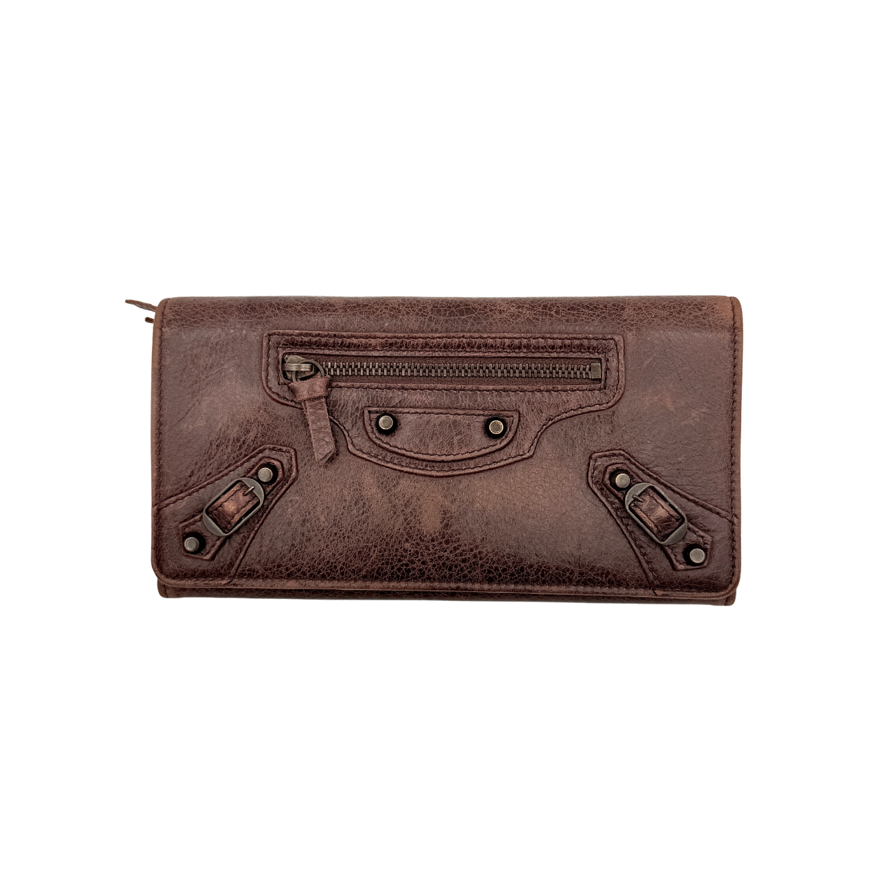 Balenciaga City Leather Long Wallet in brown distressed leather with signature buckle and zip detailing.