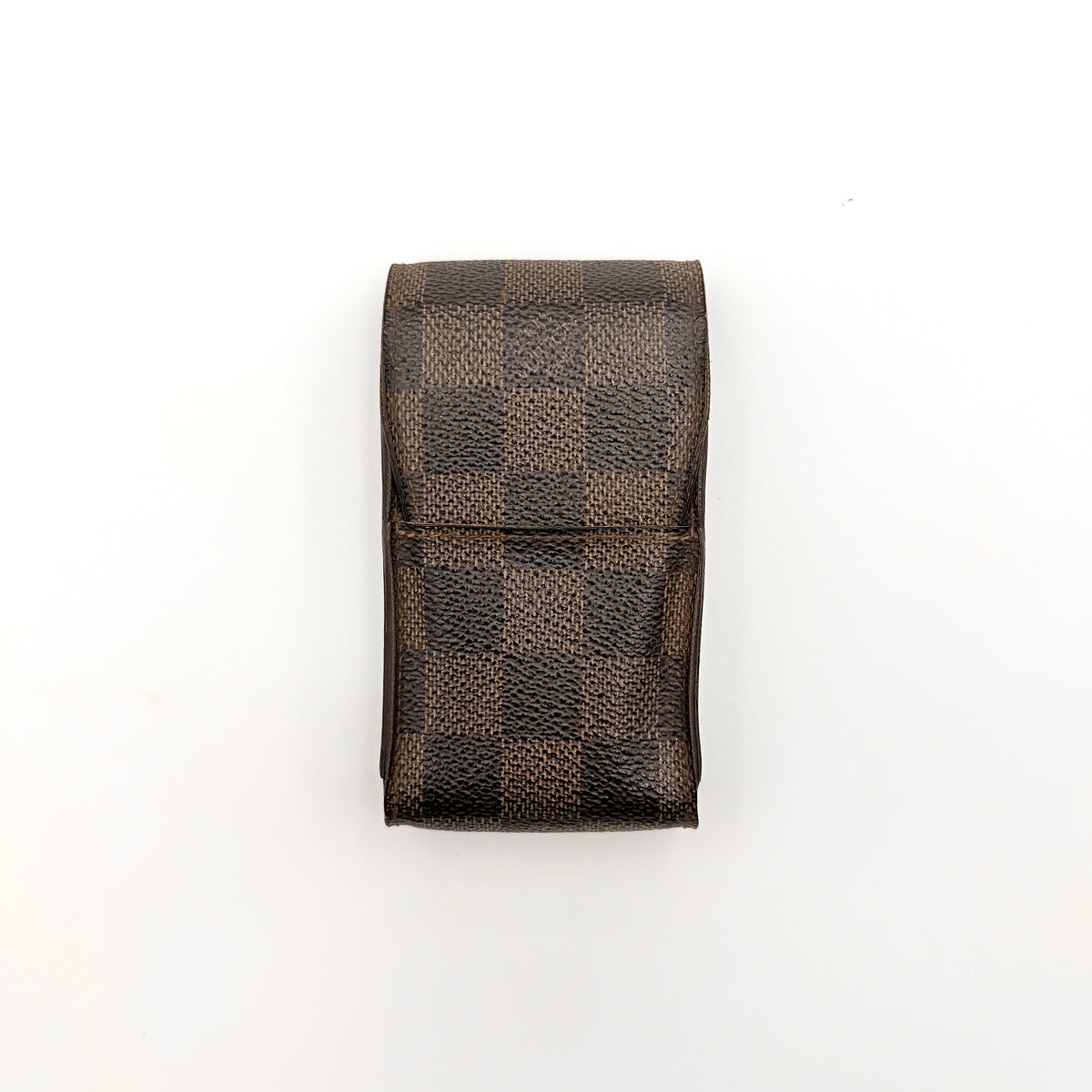 Louis Vuitton Damier Ebene Cigarette Case in brown coated canvas with original box, dust bag, and cards displayed.