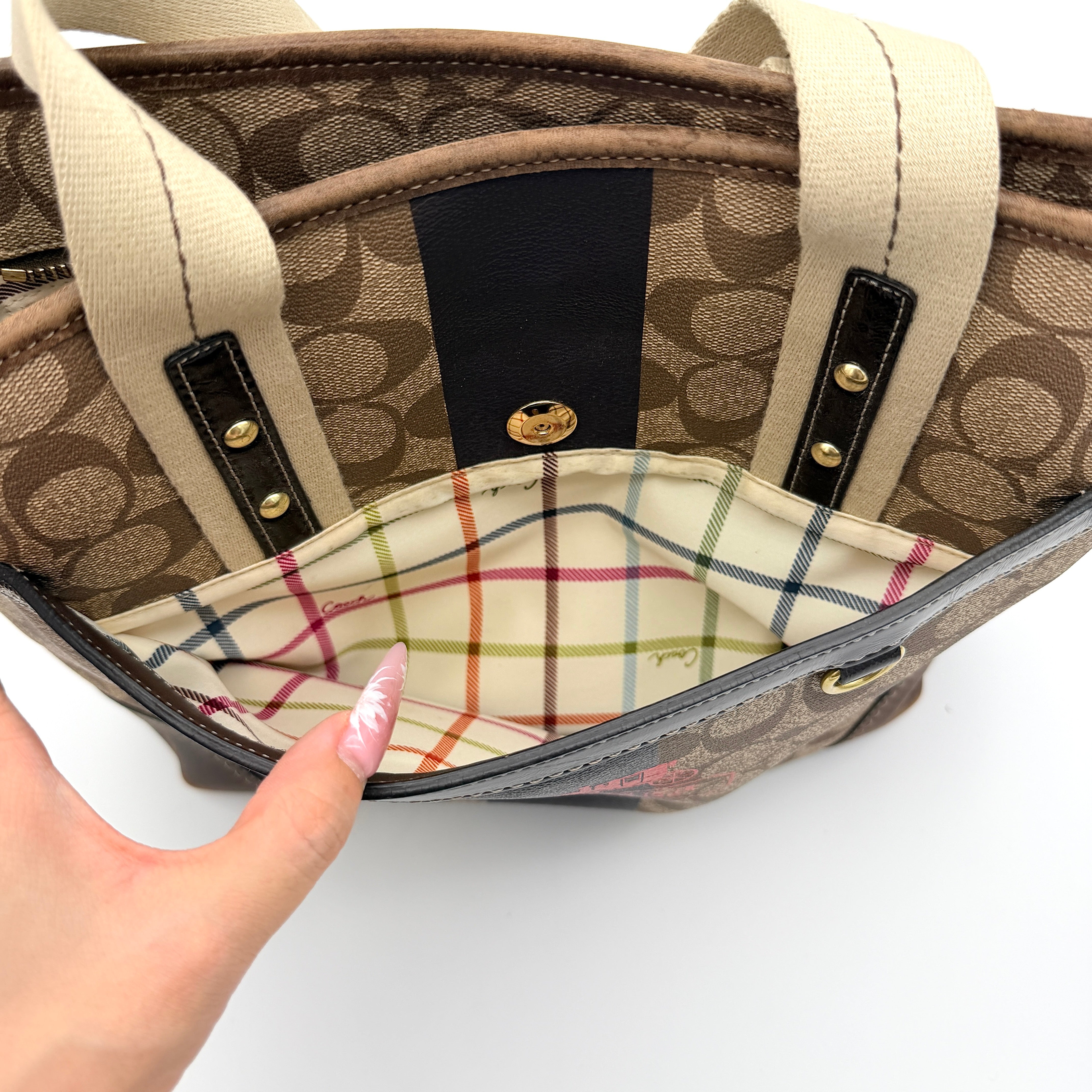 Coach Signature Heritage Stripe Tote Bag Beige/Brown