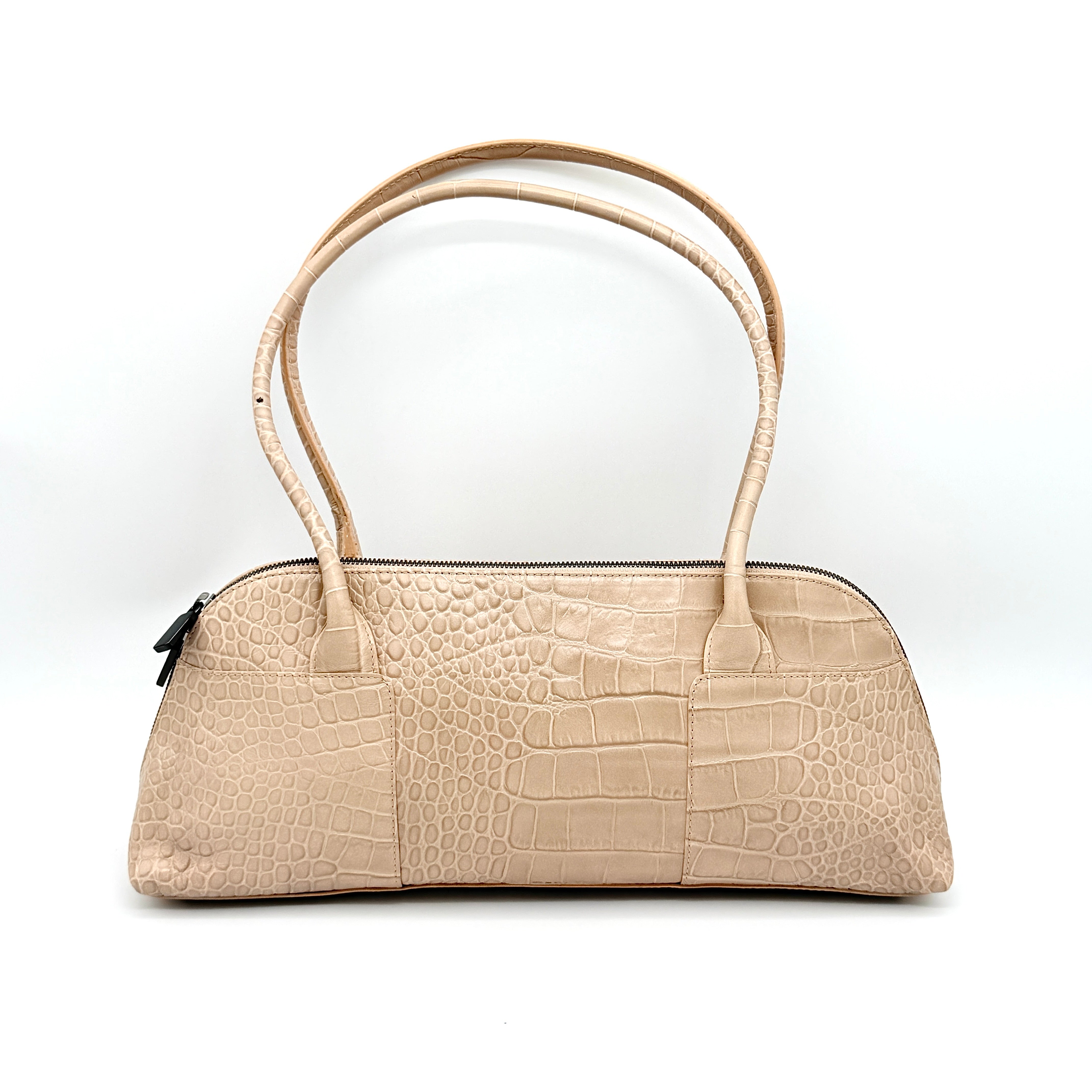 Furla Croc Embossed Leather Shoulder Bag Beige