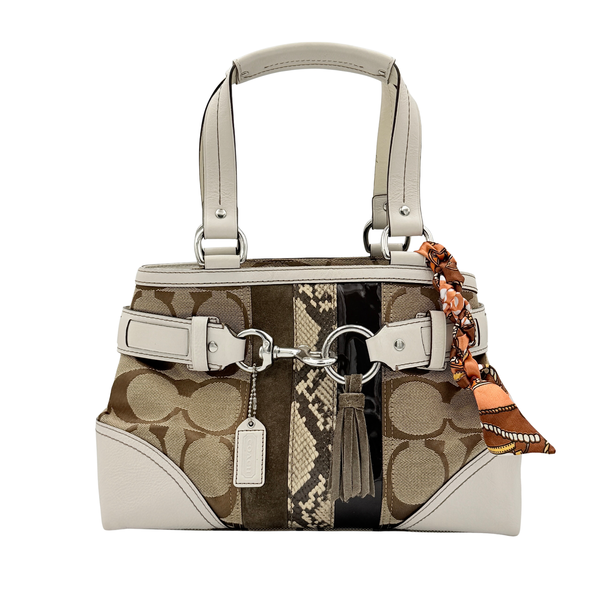 Coach Signature Hampton Python Stripe Handbag in multicolour leather and canvas with silver-tone hardware and an orange scarf detail.