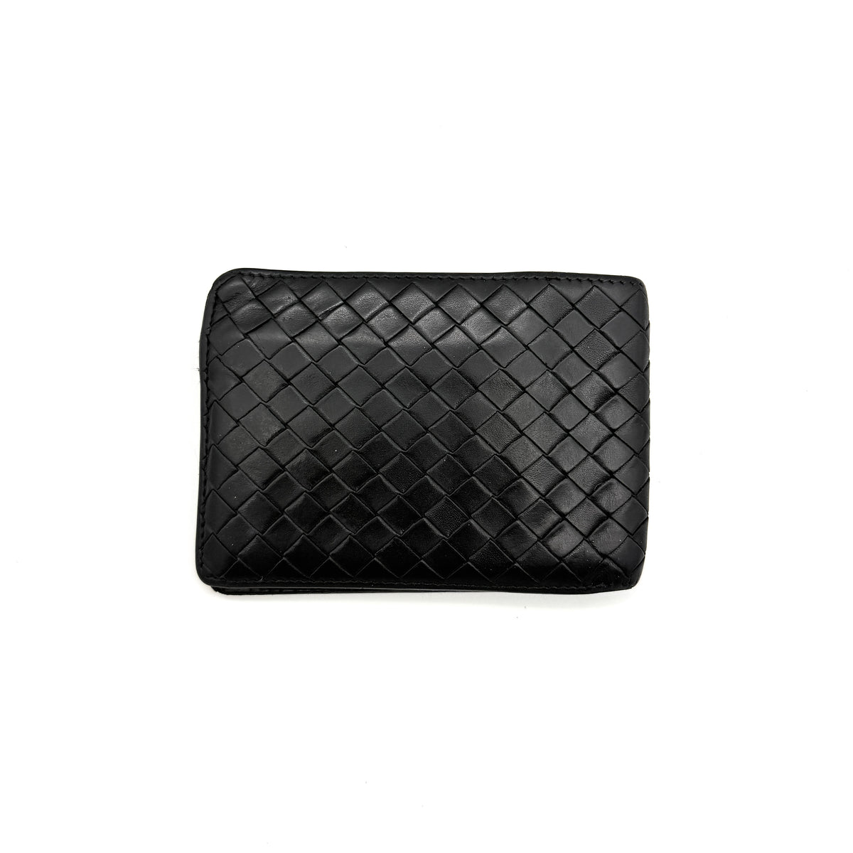 Bottega Veneta black Intrecciato woven leather wallet, shown closed against a white background.