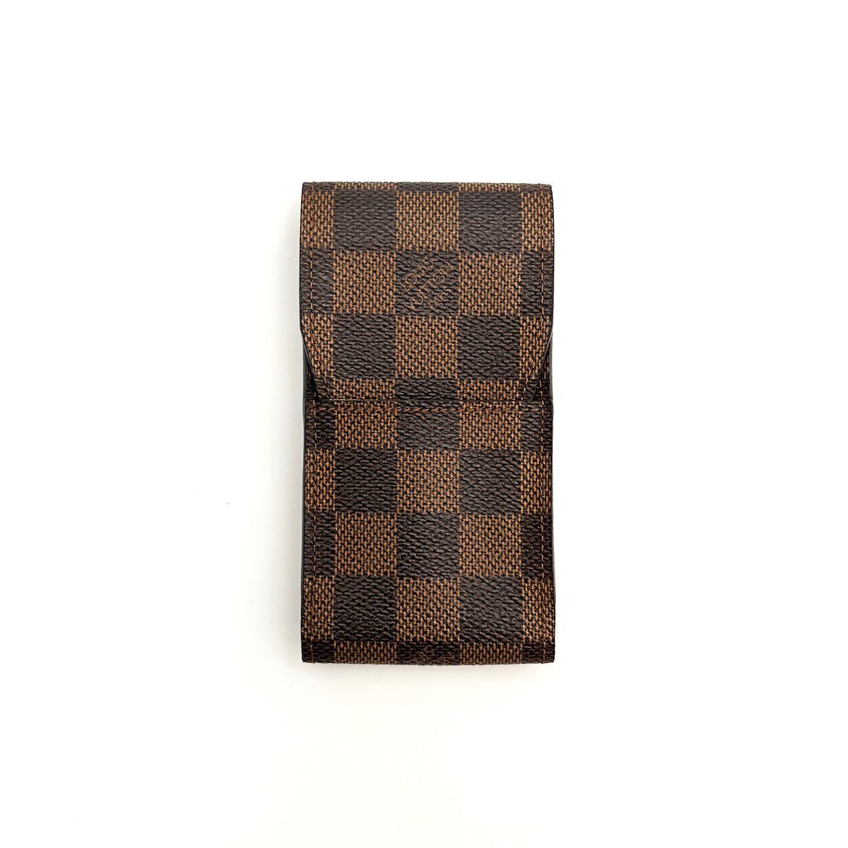 Louis Vuitton Damier Ebene canvas cigarette case with flap closure in brown, shown on a white background.