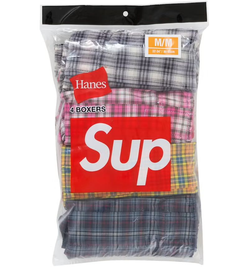 Supreme x Hanes multicolour plaid boxers 4 pack with original packaging, shown in four colours and iconic red Supreme waistband.