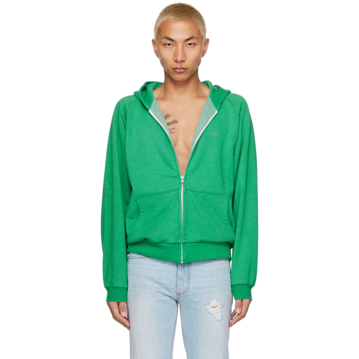 ERL Green Raglan Hoodie in soft cotton fleece with full zip closure, raglan sleeves, and tonal embroidered logo