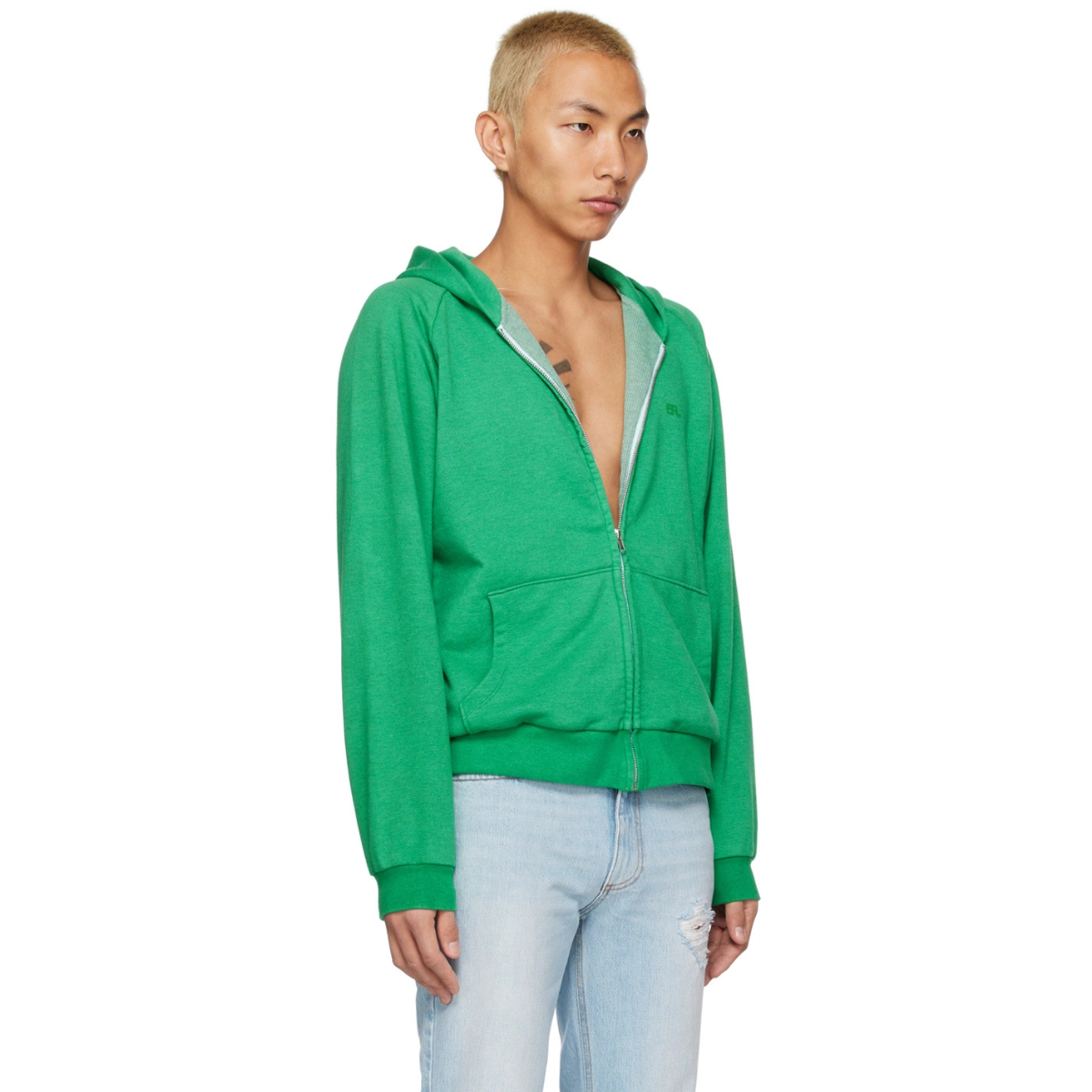 ERL Green Raglan Hoodie in soft cotton fleece with full zip closure, raglan sleeves, and tonal embroidered logo