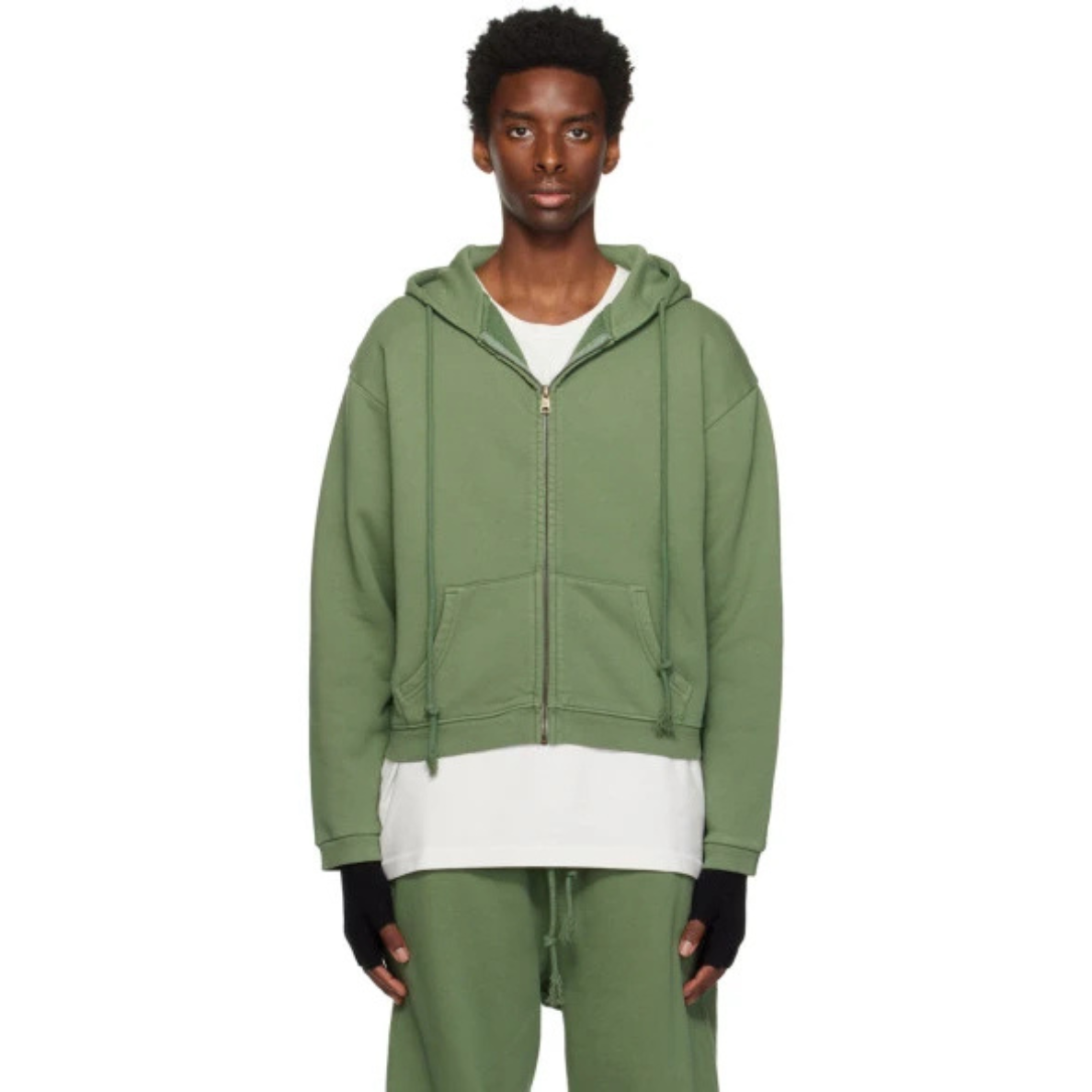 ERL Green Zip-Up Hoodie with heavyweight cotton fleece, relaxed fit, kangaroo pockets, and double zipper closure