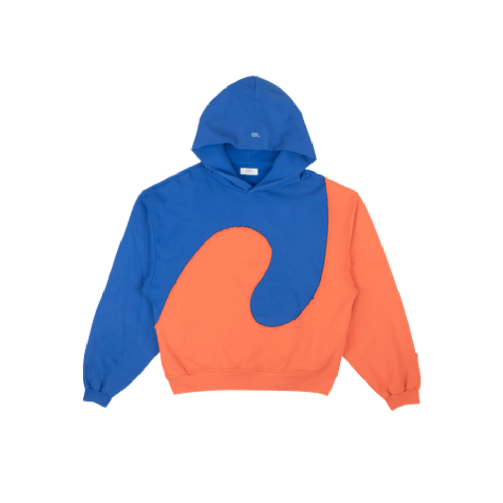 ERL Swirl Hoodie Multicolor, featuring orange and blue cotton fleece with wave panel design, oversized fit, and ribbed trims.