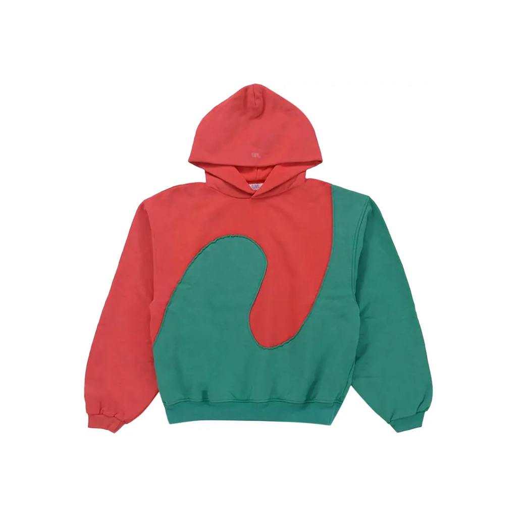 ERL Waves Two-Tone Hoodie Red/Green, oversized fit with red and green color block wave design and ribbed cuffs.
