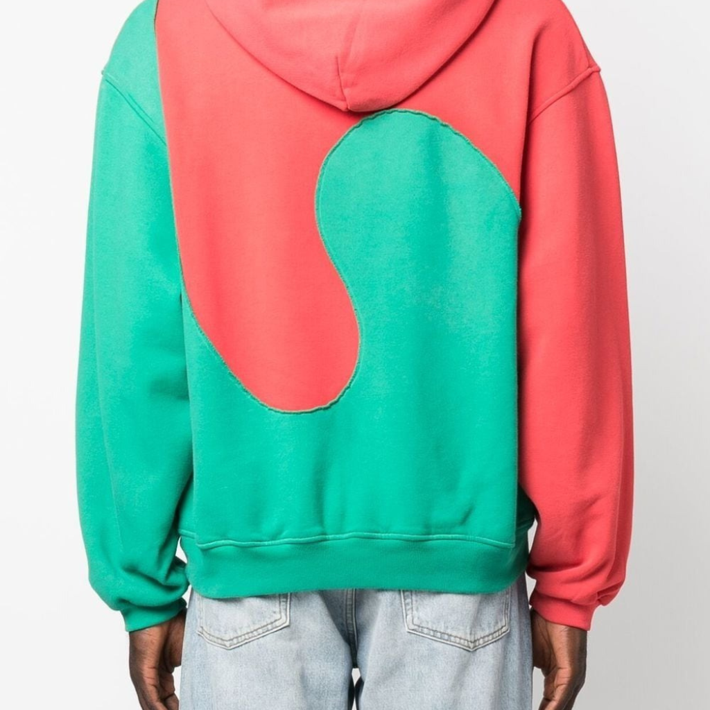 ERL Waves Two-Tone Hoodie Red/Green, oversized fit with red and green color block wave design and ribbed cuffs.