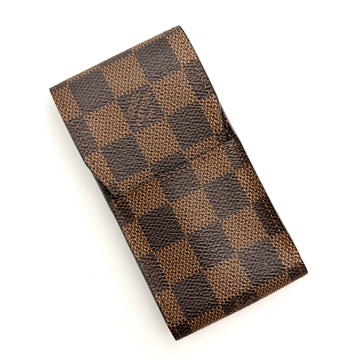 Louis Vuitton Damier Ebene canvas cigarette case with flap closure in brown, shown on a white background.