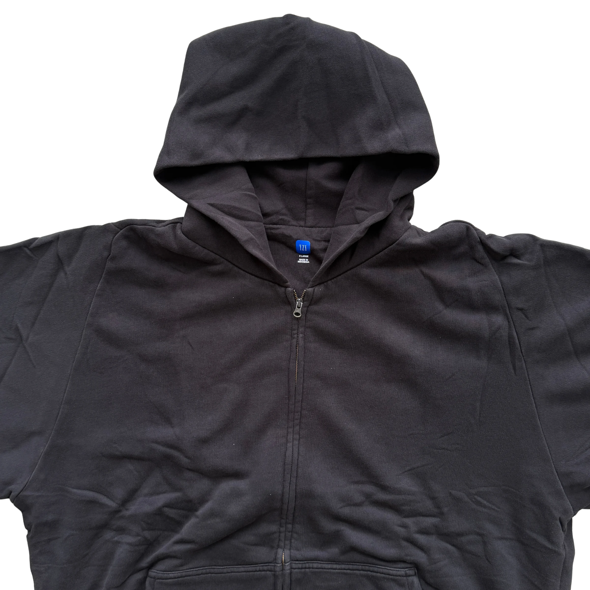 Yeezy x Gap black XL zip up hoodie with hood and front pocket, laid flat showing entire front.