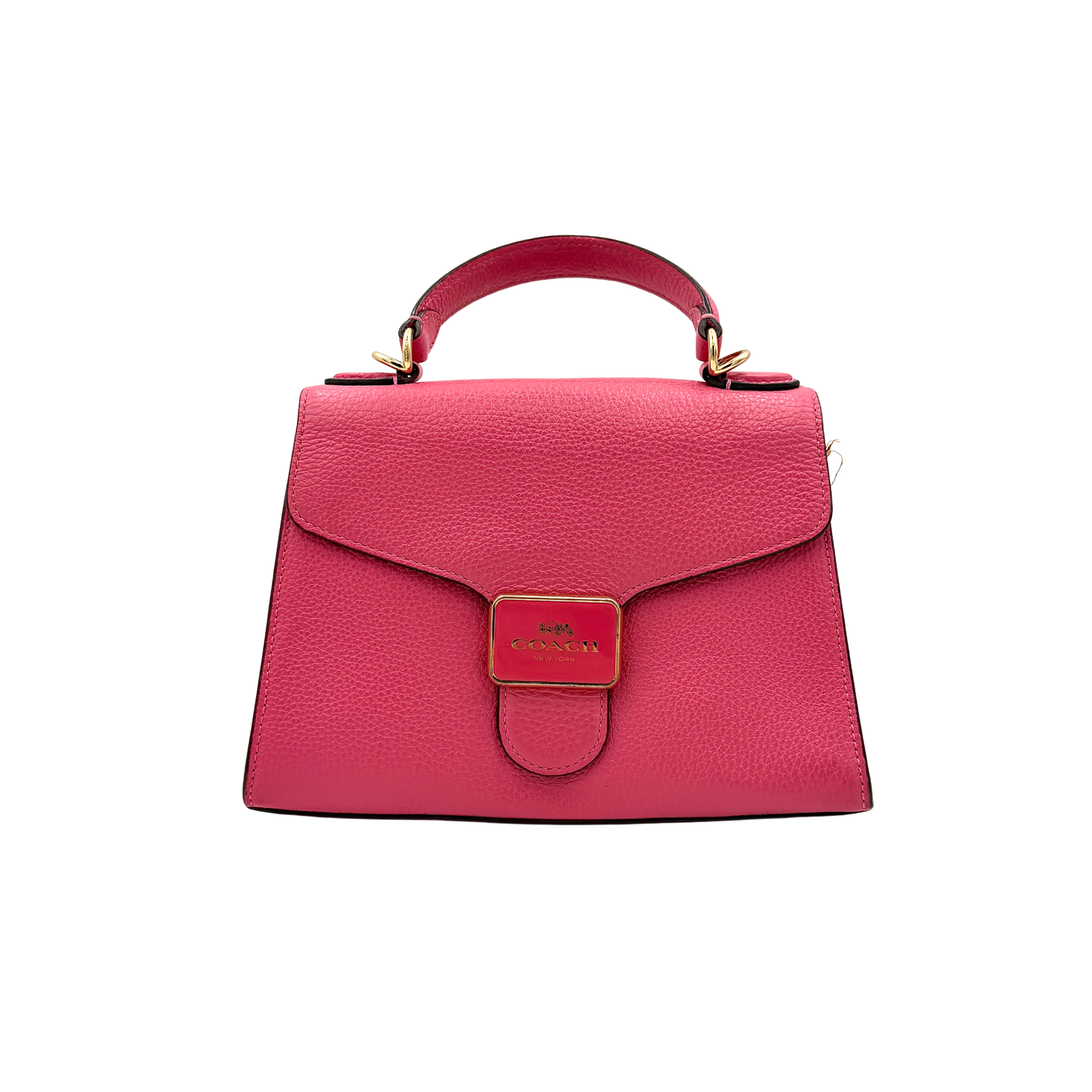 Coach Pepper Satchel in bold pink pebbled leather, featuring a structured silhouette and gold logo push-lock hardware.