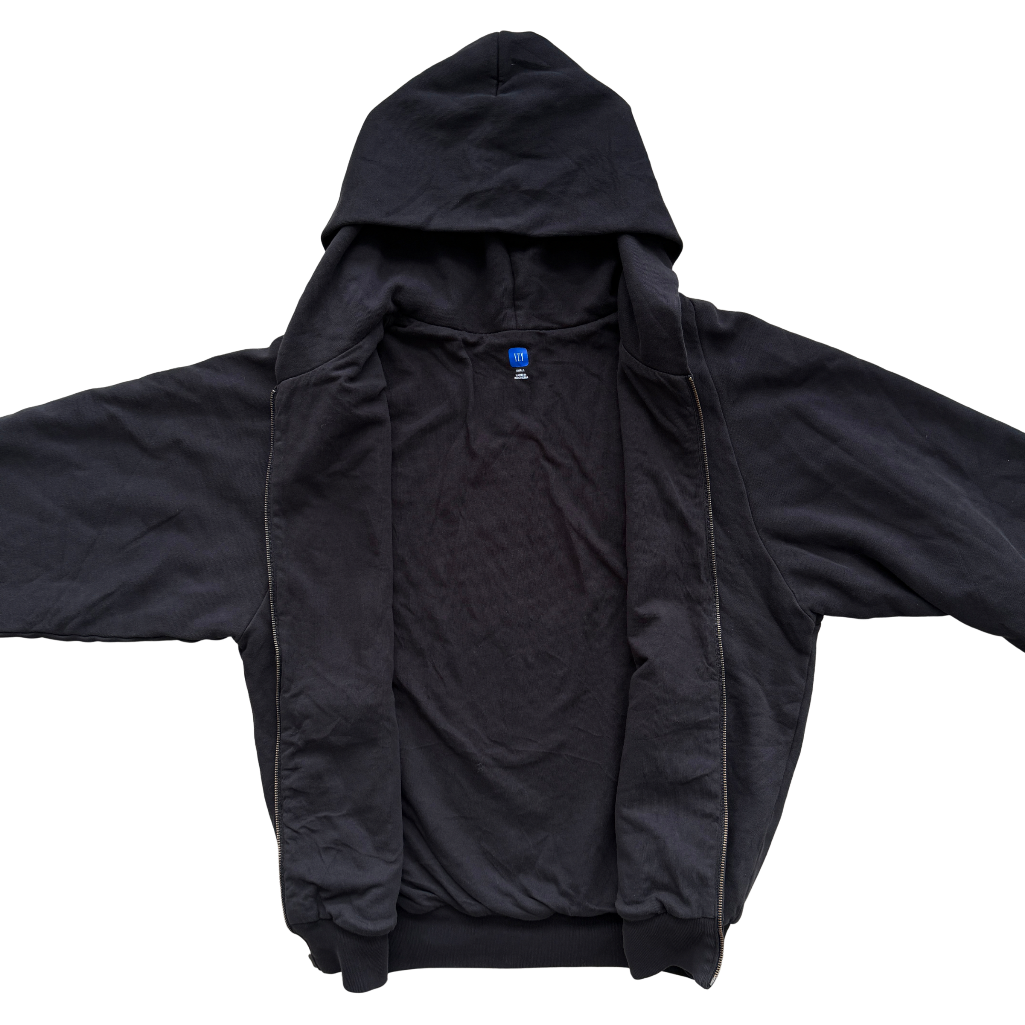 Yeezy x Gap black zip up hoodie with hood, displayed flat to show front and pocket details.
