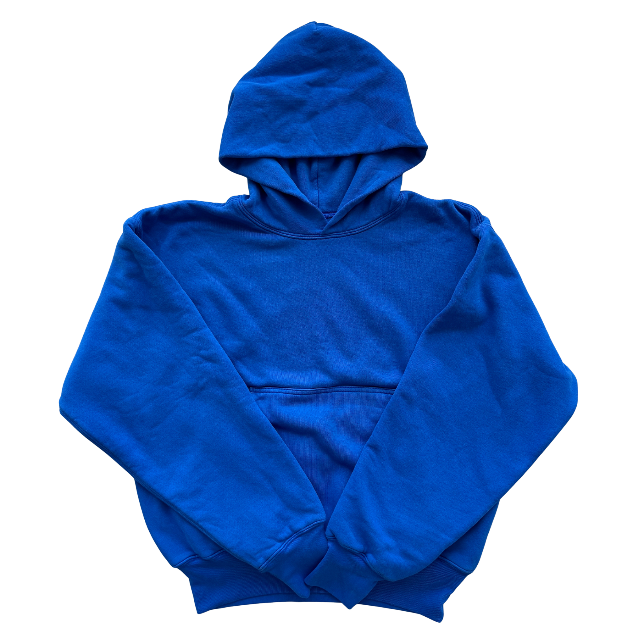 Yeezy x Gap hoodie in vivid blue with a relaxed fit and front pocket, presented by Elevated Studios.