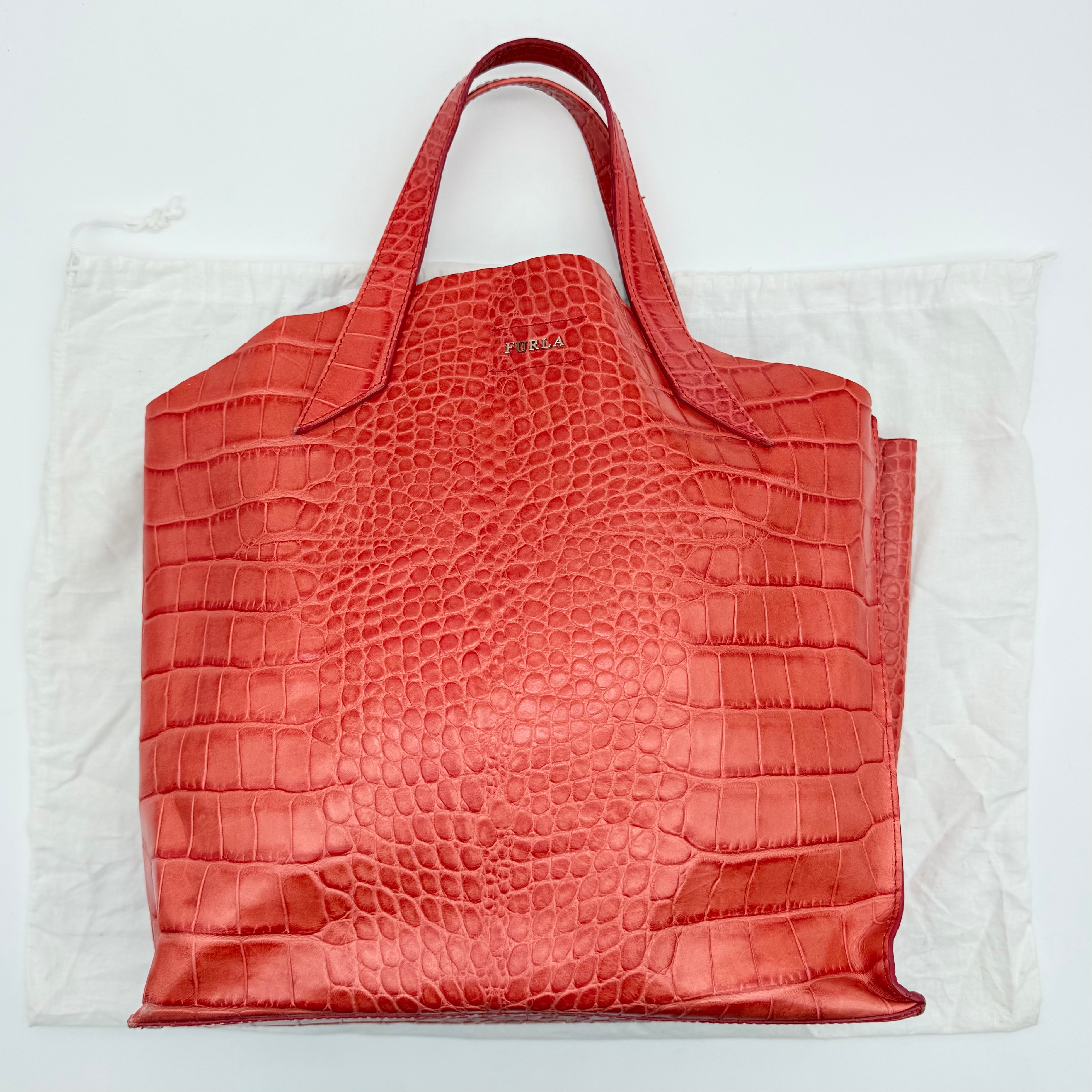 Furla Croc Embossed Leather Tote Bag Orange