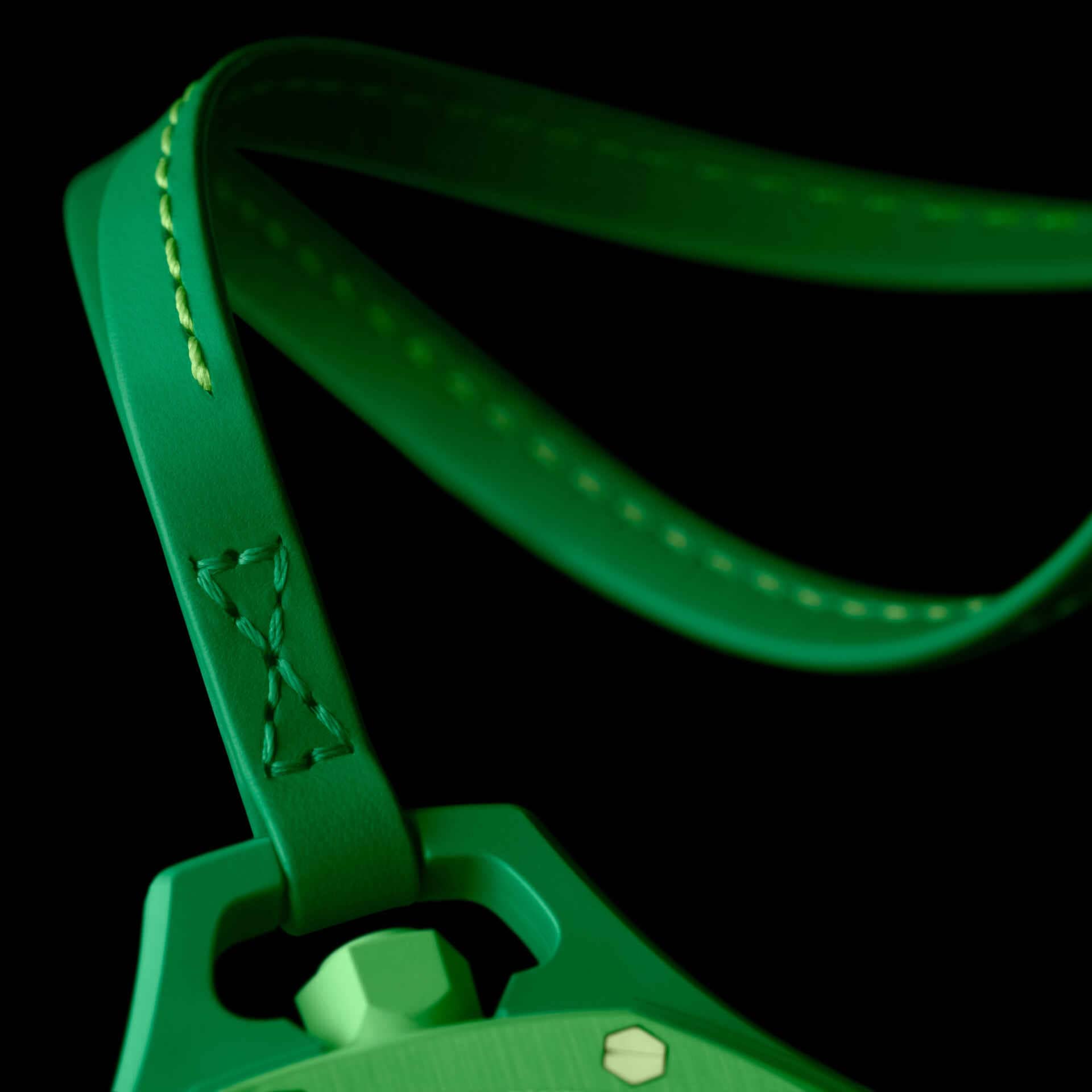 Front view of the Swatch x Audemars Piguet Royal Pop Green Eight with green octagonal case and lanyard.