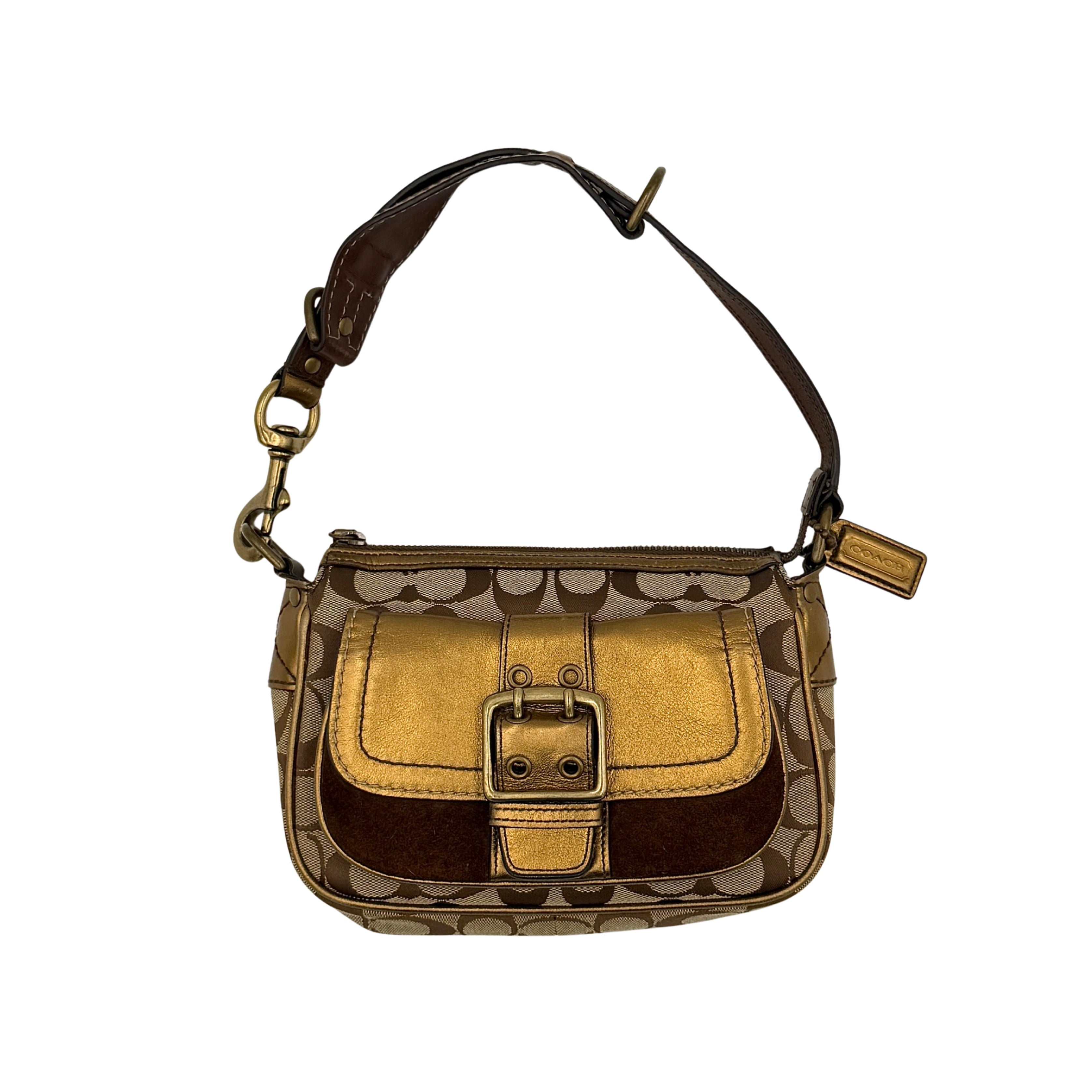 Coach Signature Front Buckle Shoulder Bag Beige/Gold