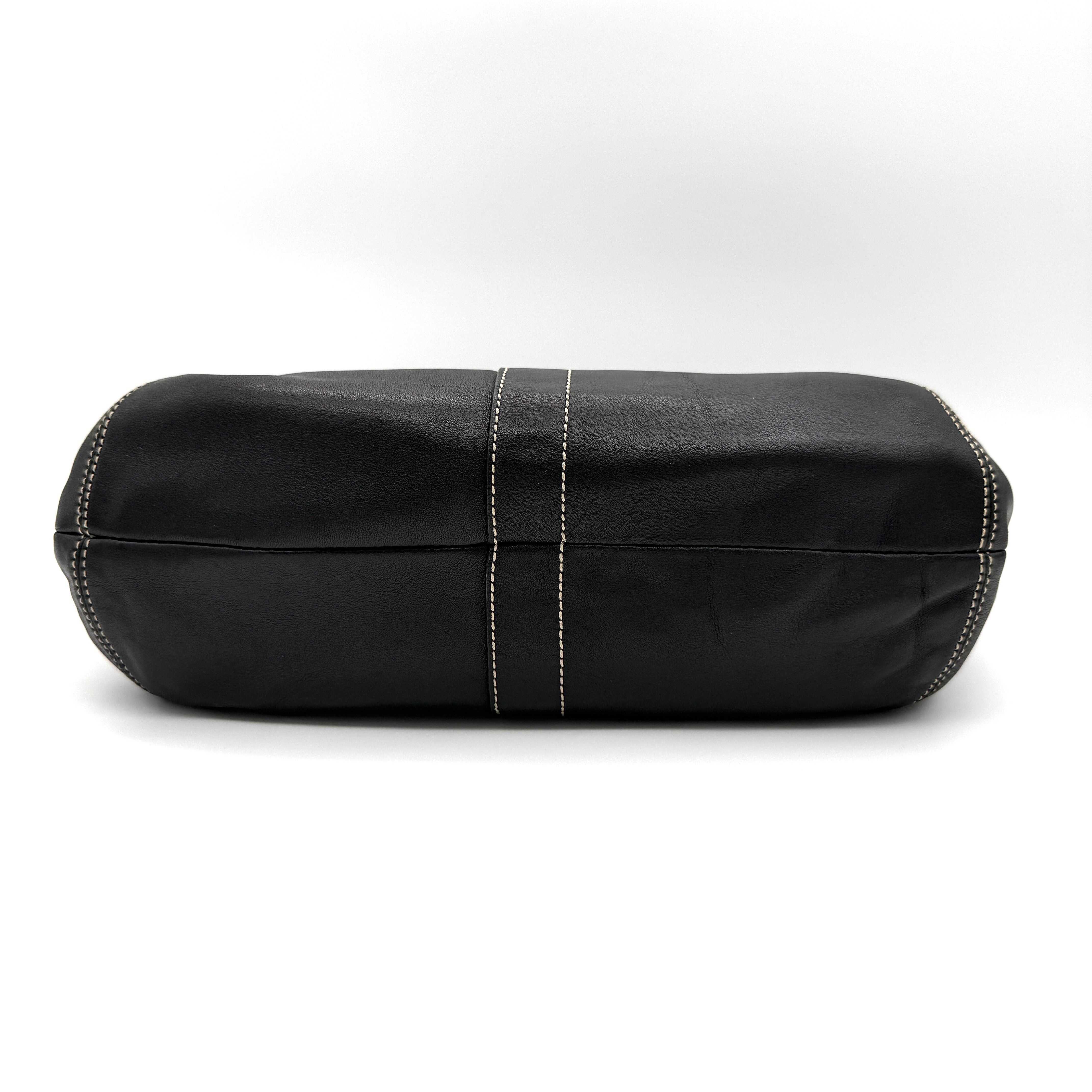 Coach Signature Ergo Hobo Shoulder Bag in black leather with contrast stitching and brass hardware, displayed against a white background.