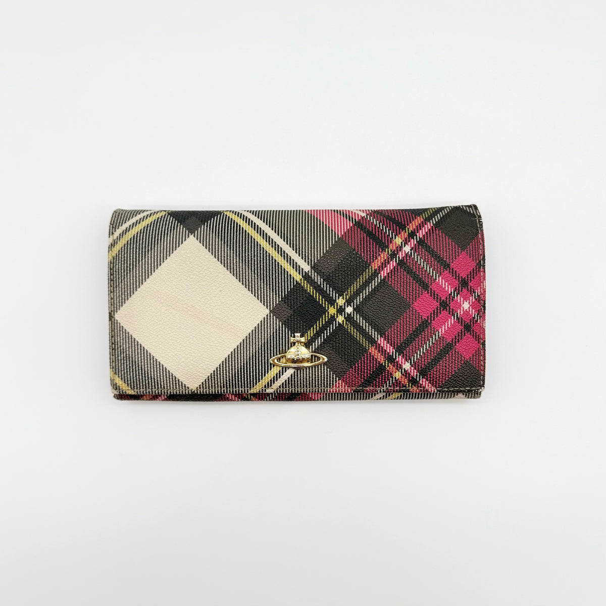 Vivienne Westwood multicolour tartan check long wallet with gold orb logo, shown closed against a white background.