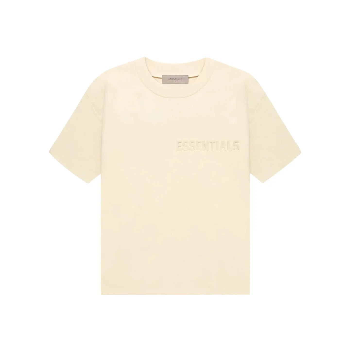 Fear of God Essentials SS22 Tee in eggshell, featuring tonal chest logo and boxy silhouette in heavyweight cotton