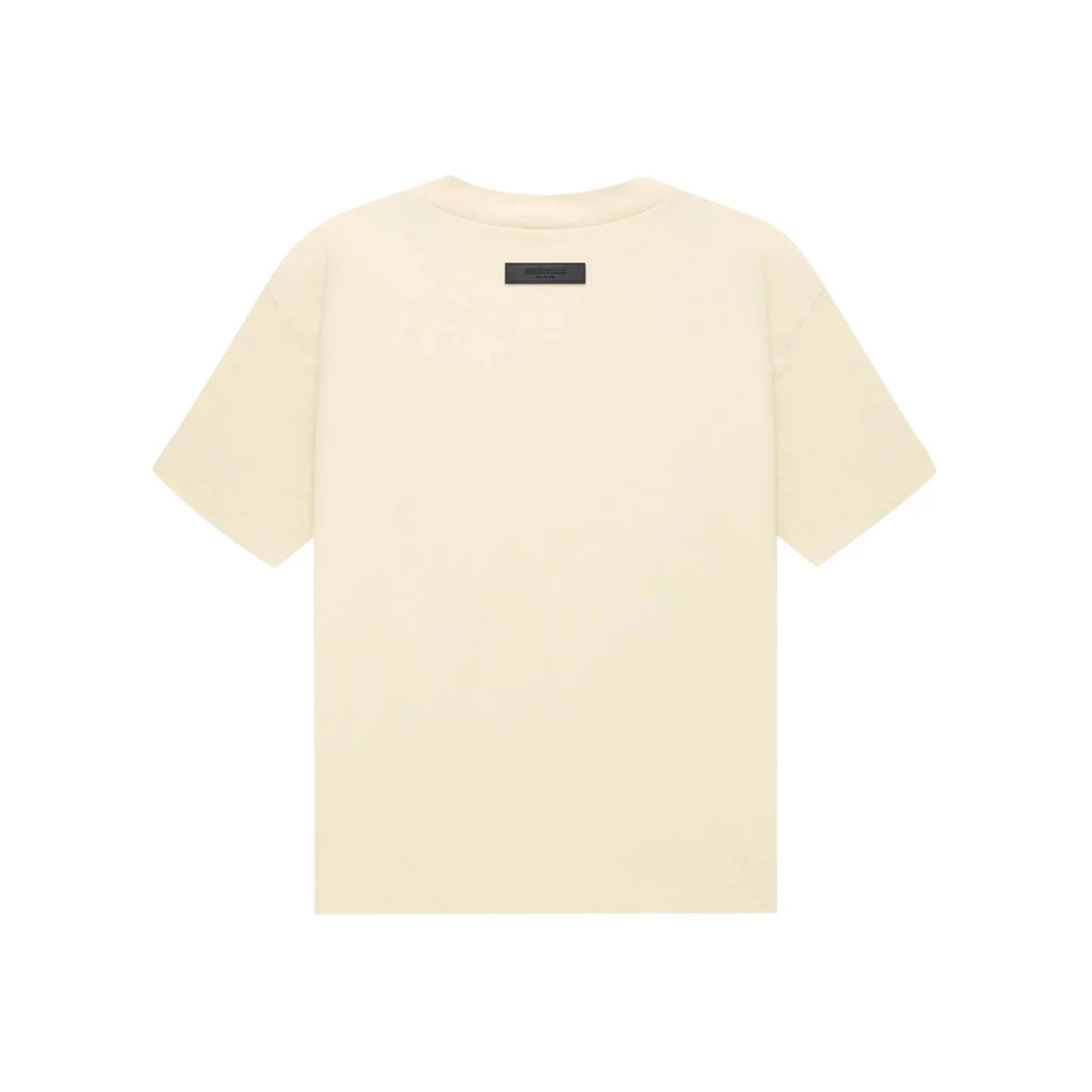 Fear of God Essentials SS22 Tee in eggshell, featuring tonal chest logo and boxy silhouette in heavyweight cotton