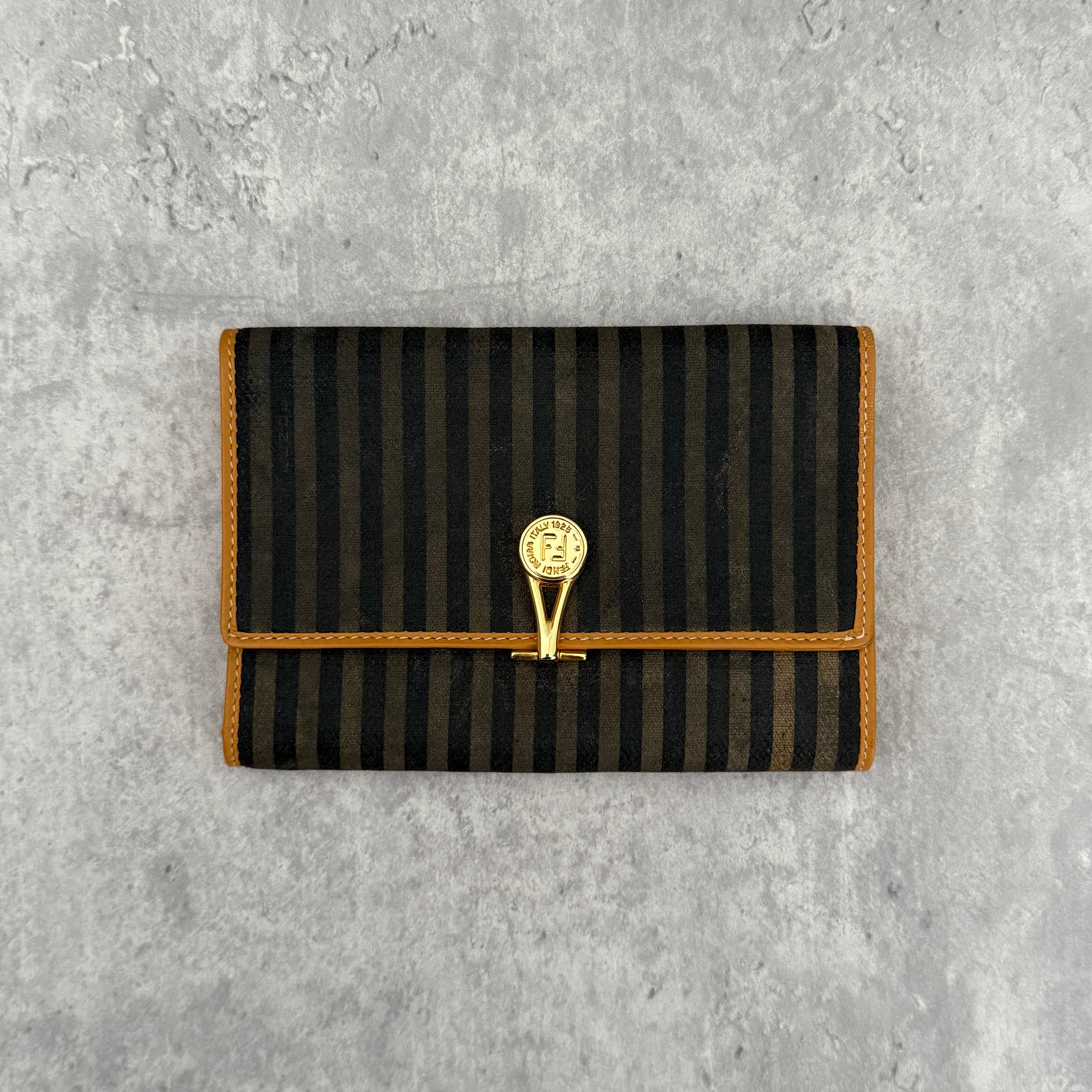 Fendi Canvas Striped Vintage Wallet in brown and black with tan leather trim and gold-tone logo clip