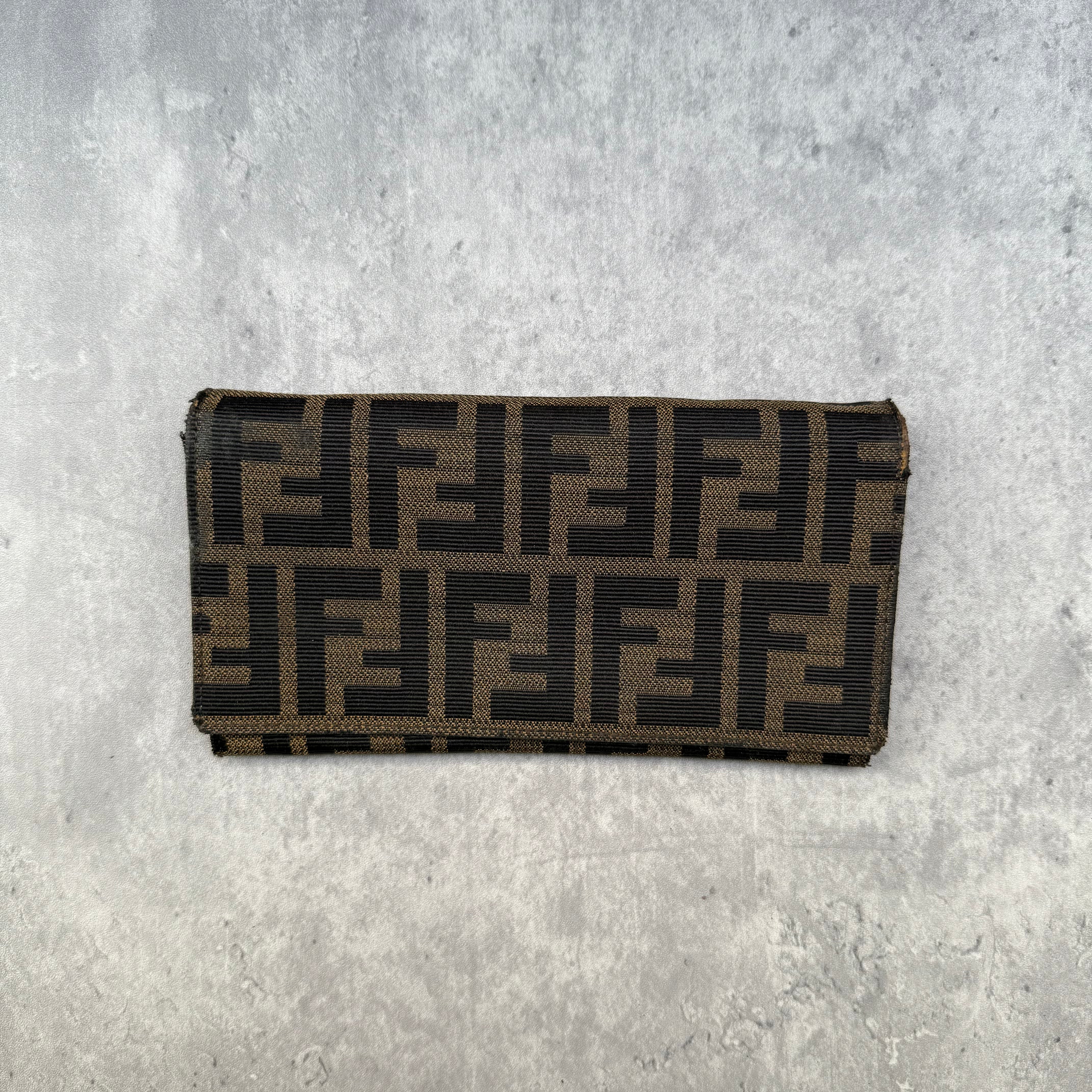 Fendi Zucca Canvas Long Wallet with brown leather interior, featuring FF monogram and snap closure