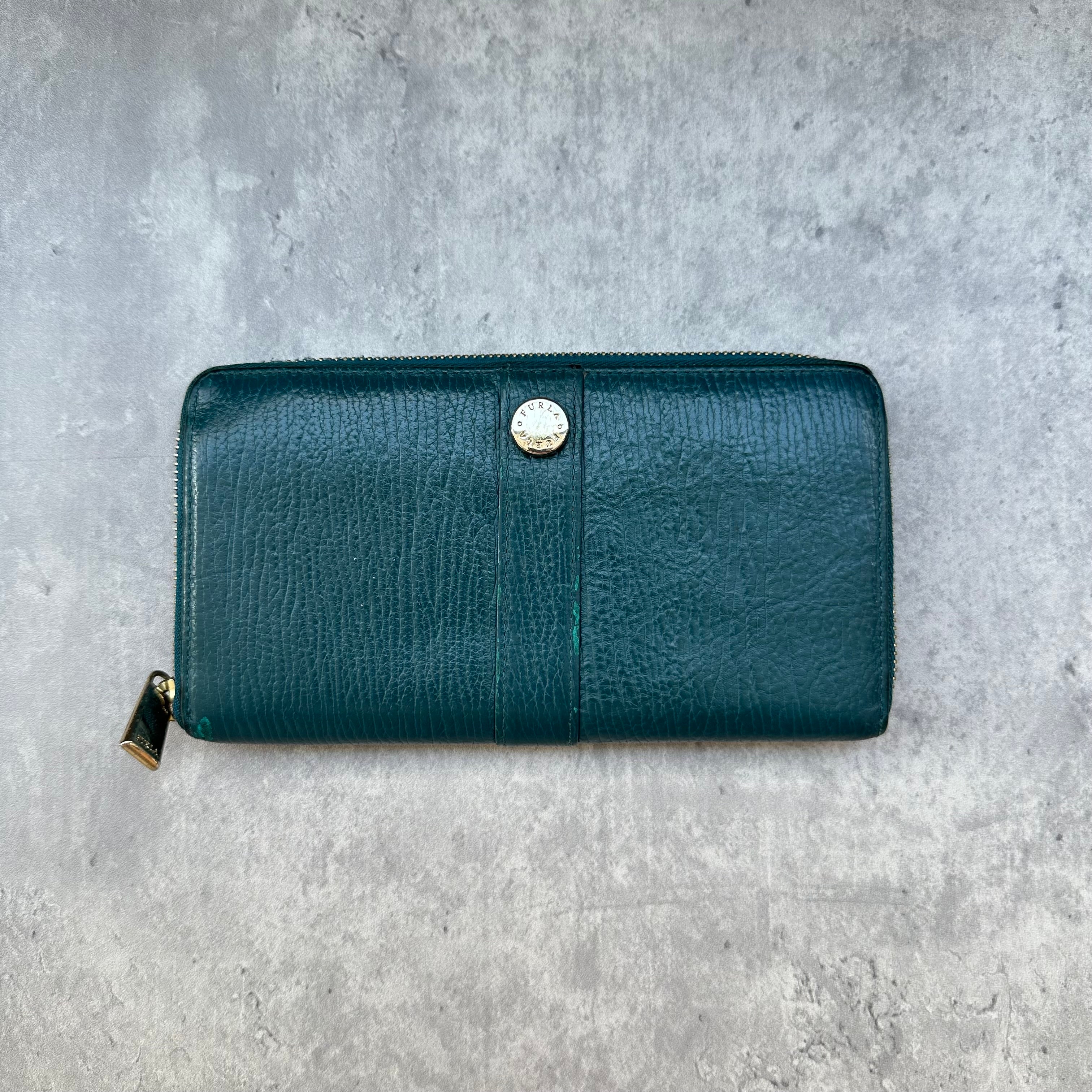 Furla Babylon Green Leather Zip Wallet with gold zipper and multiple card slots in a textured finish