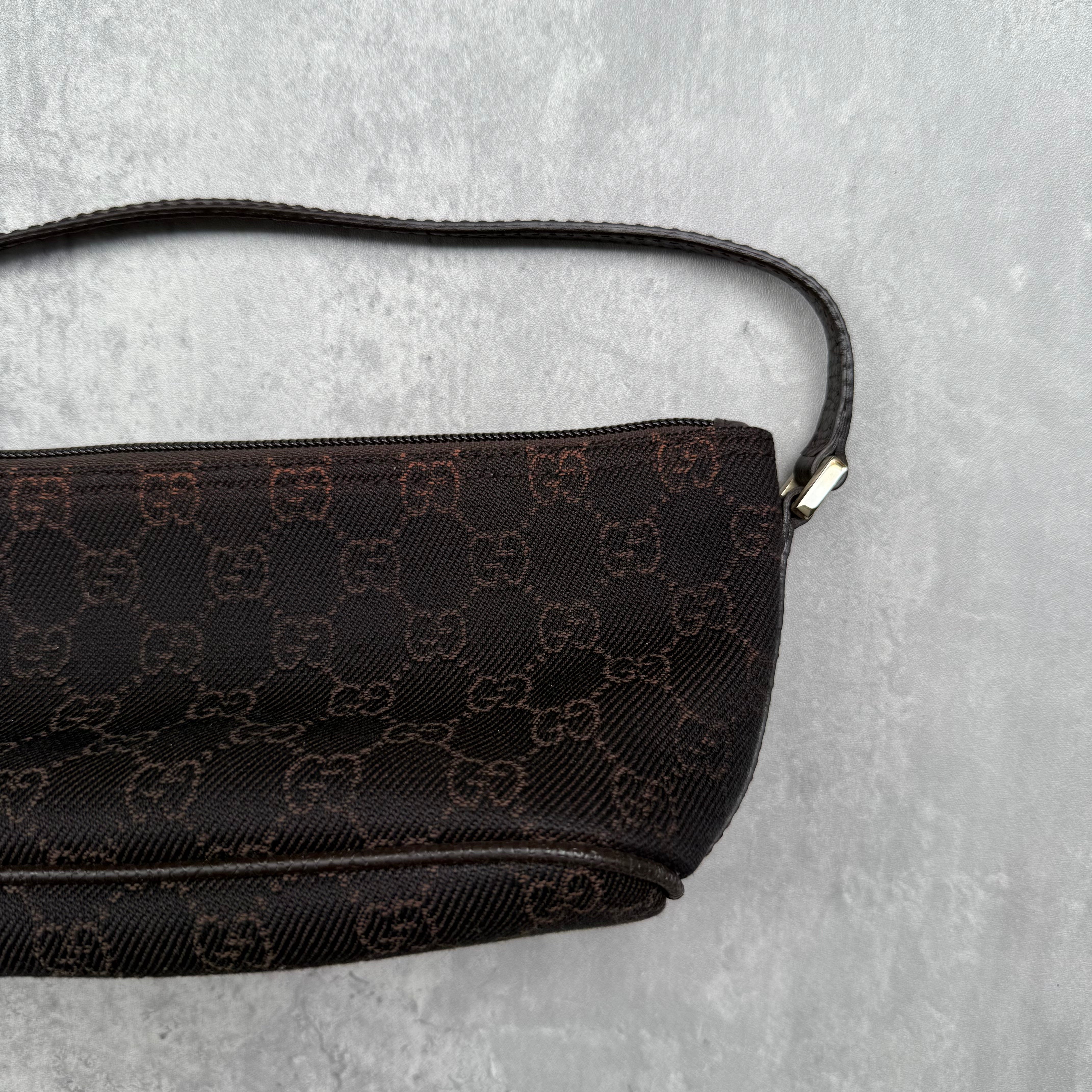 Gucci GG Monogram Pochette Boat Shoulder Bag in black canvas with tonal trim, top zip closure, and minimalist silhouette.