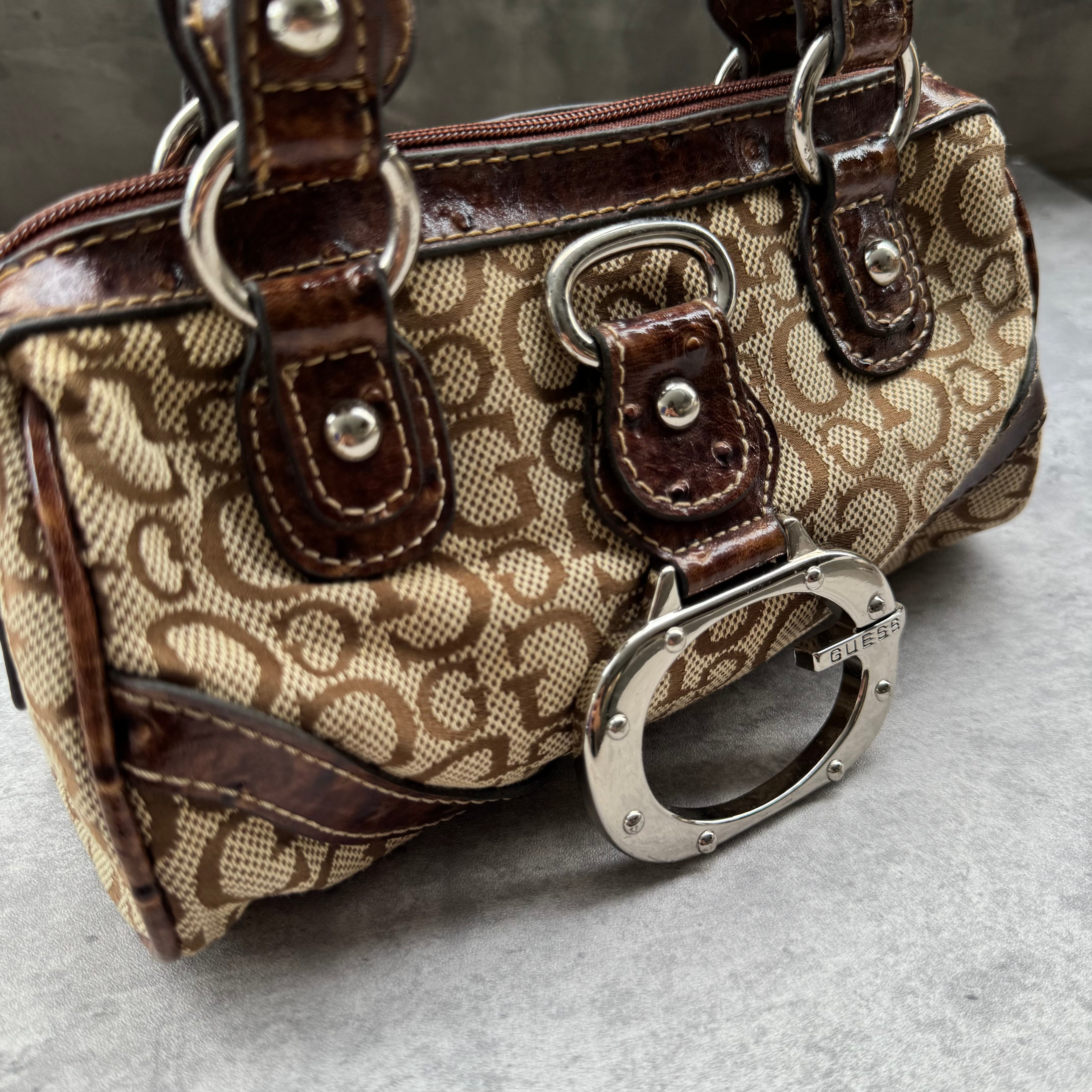 Guess Vintage 00s Monogram Y2K Bag in beige canvas with brown faux croc leather trim, silver-tone hardware, and leopard print lining.