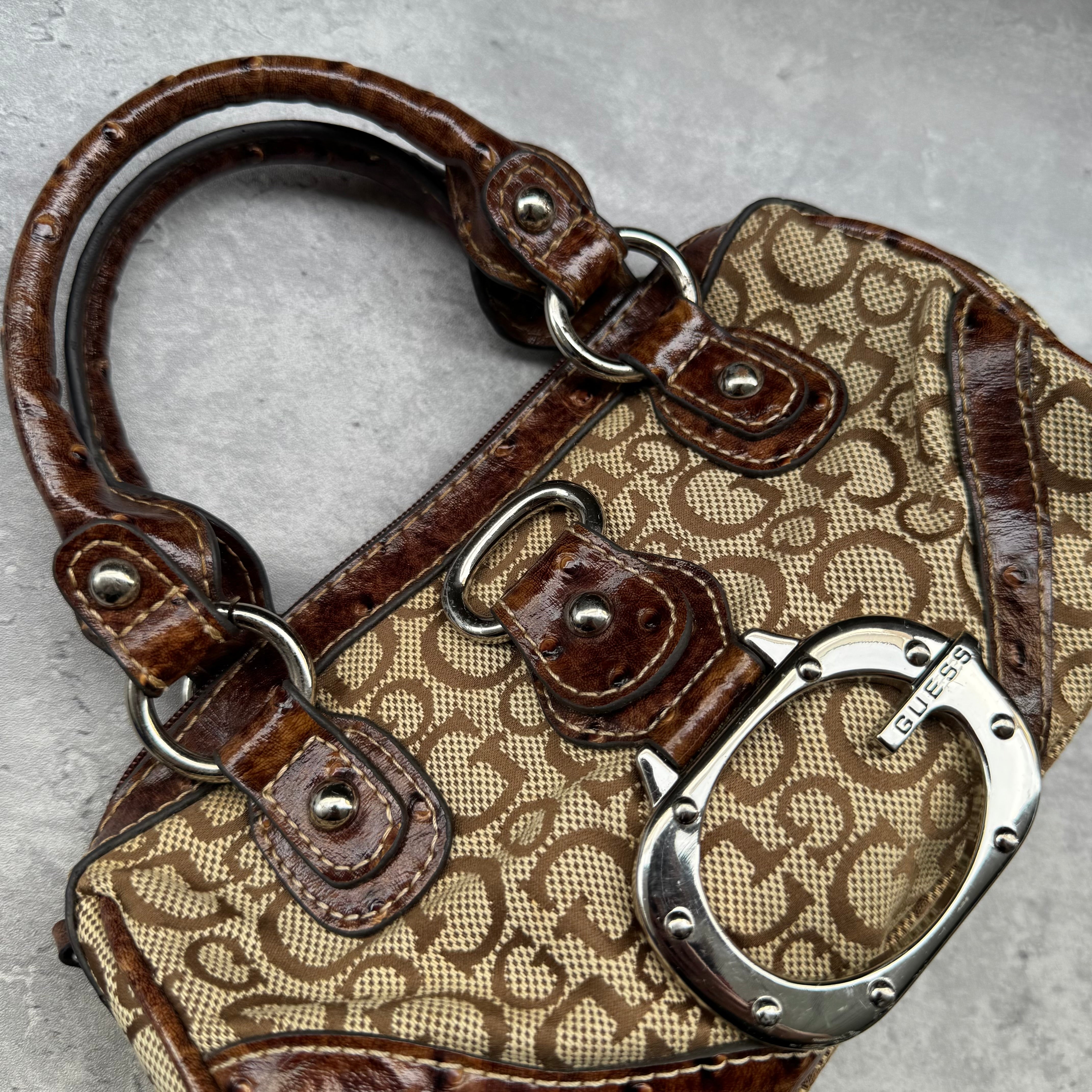 Guess Vintage 00s Monogram Y2K Bag in beige canvas with brown faux croc leather trim, silver-tone hardware, and leopard print lining.