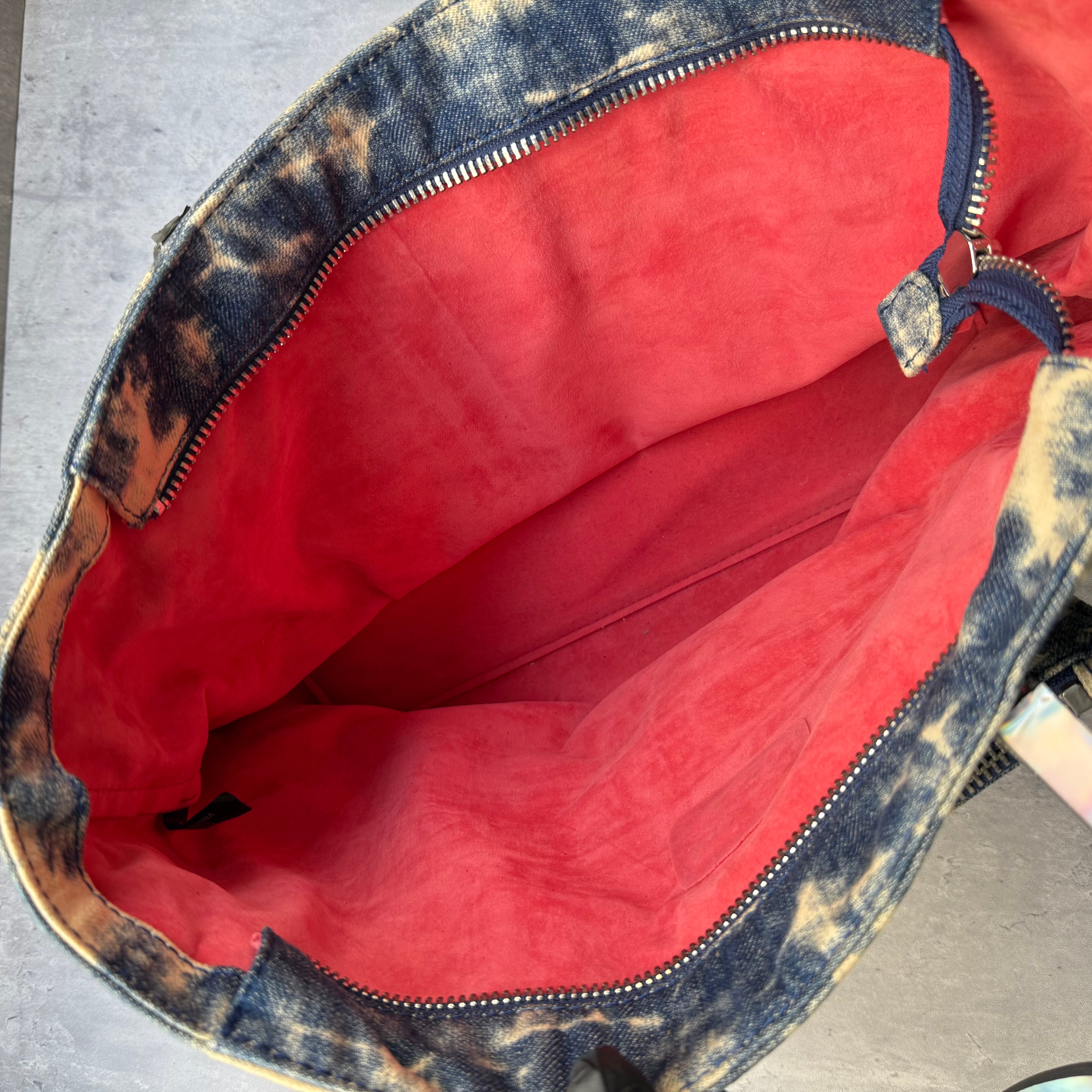 Guess Y2K Blue Denim Tote Bag with bleached star print, iridescent straps, red interior, and front Guess logo plaque.