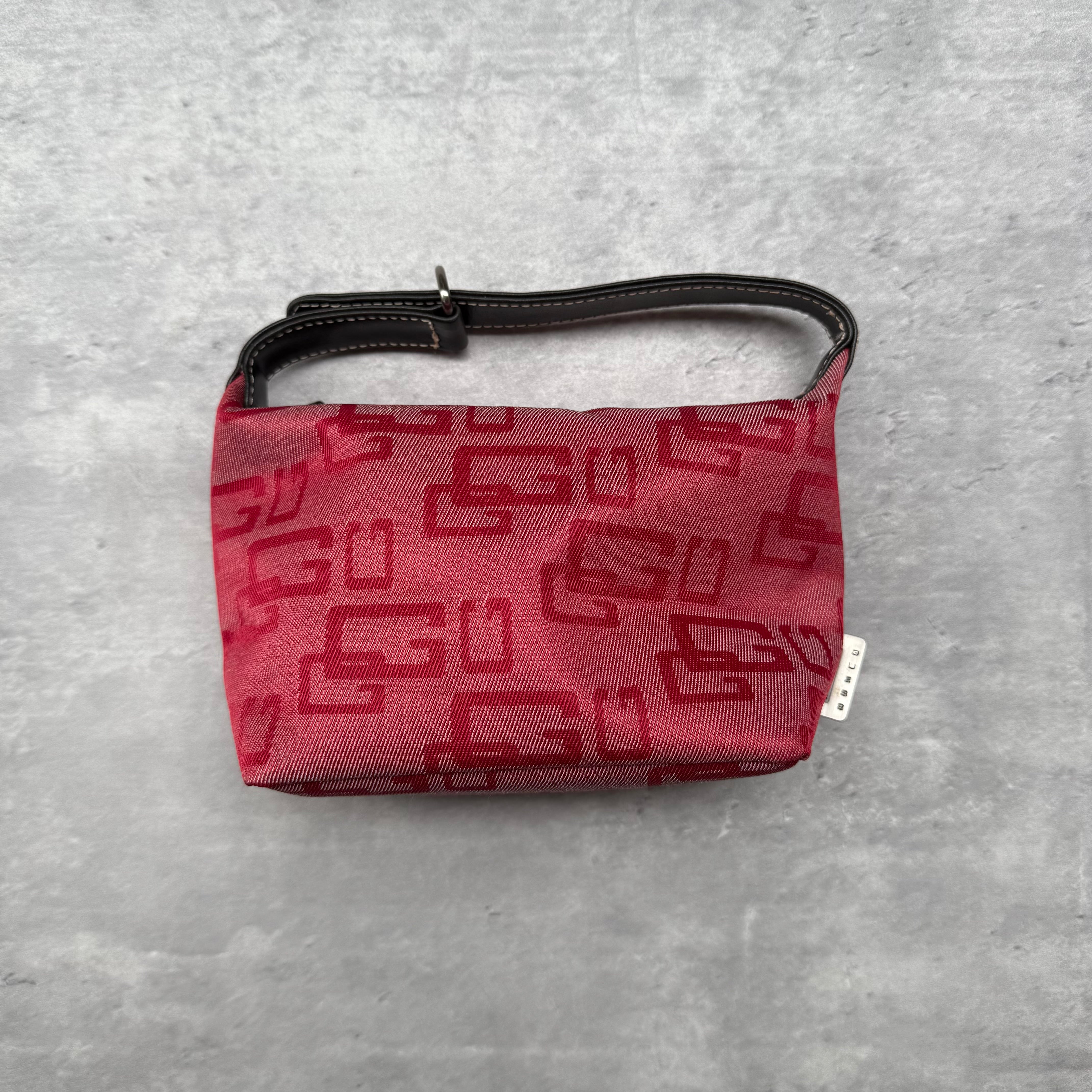 Guess Y2K Monogram Mini Hobo Shoulder Bag in red jacquard fabric with black leather handle and silver-tone hardware.