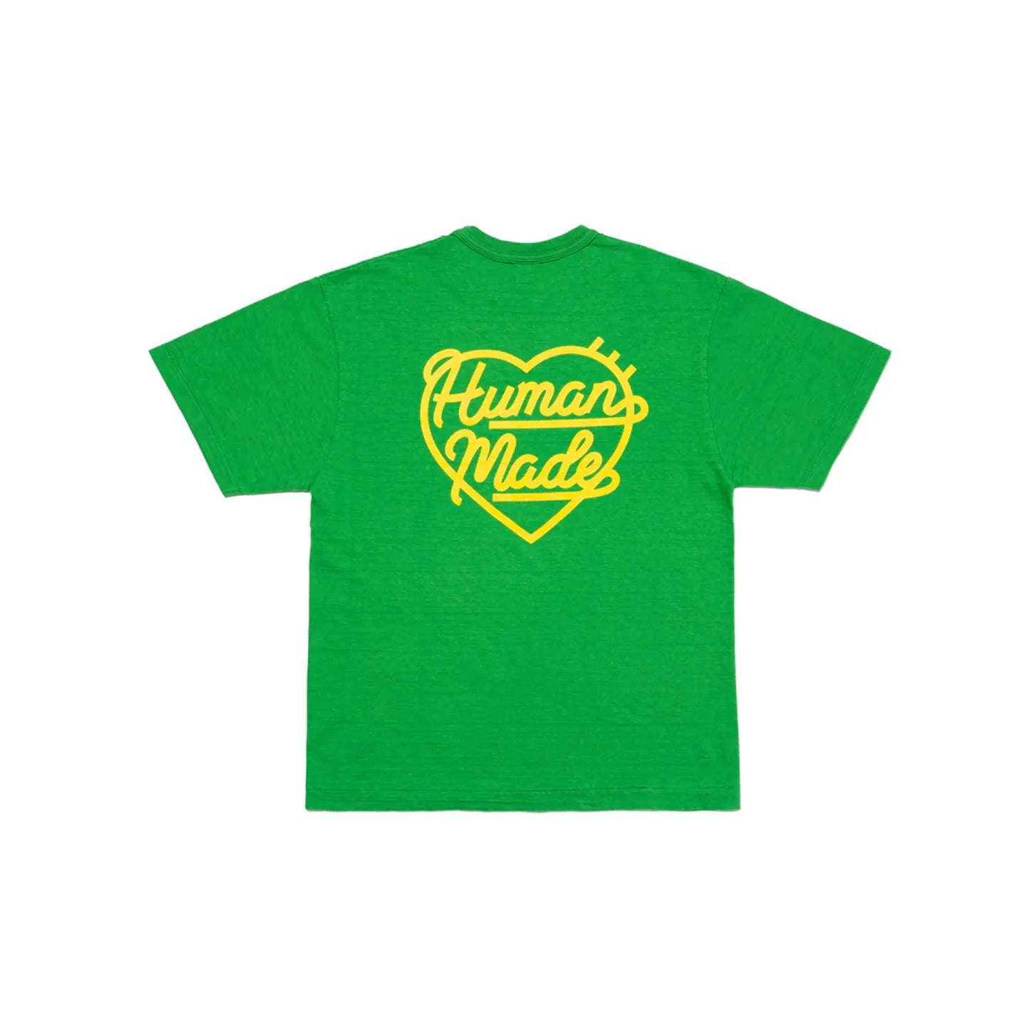 Human Made Coloured Small Heart Tee Green, featuring small yellow heart logo on front and large back graphic on green cotton tee.