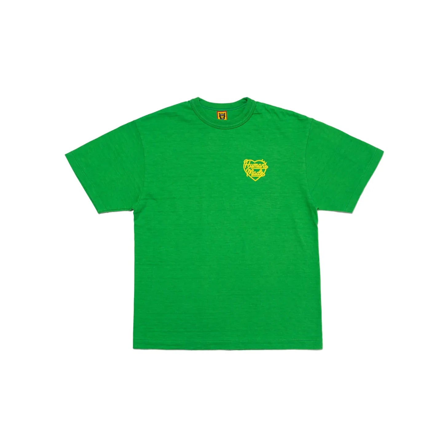 Human Made Coloured Small Heart Tee Green, featuring small yellow heart logo on front and large back graphic on green cotton tee.