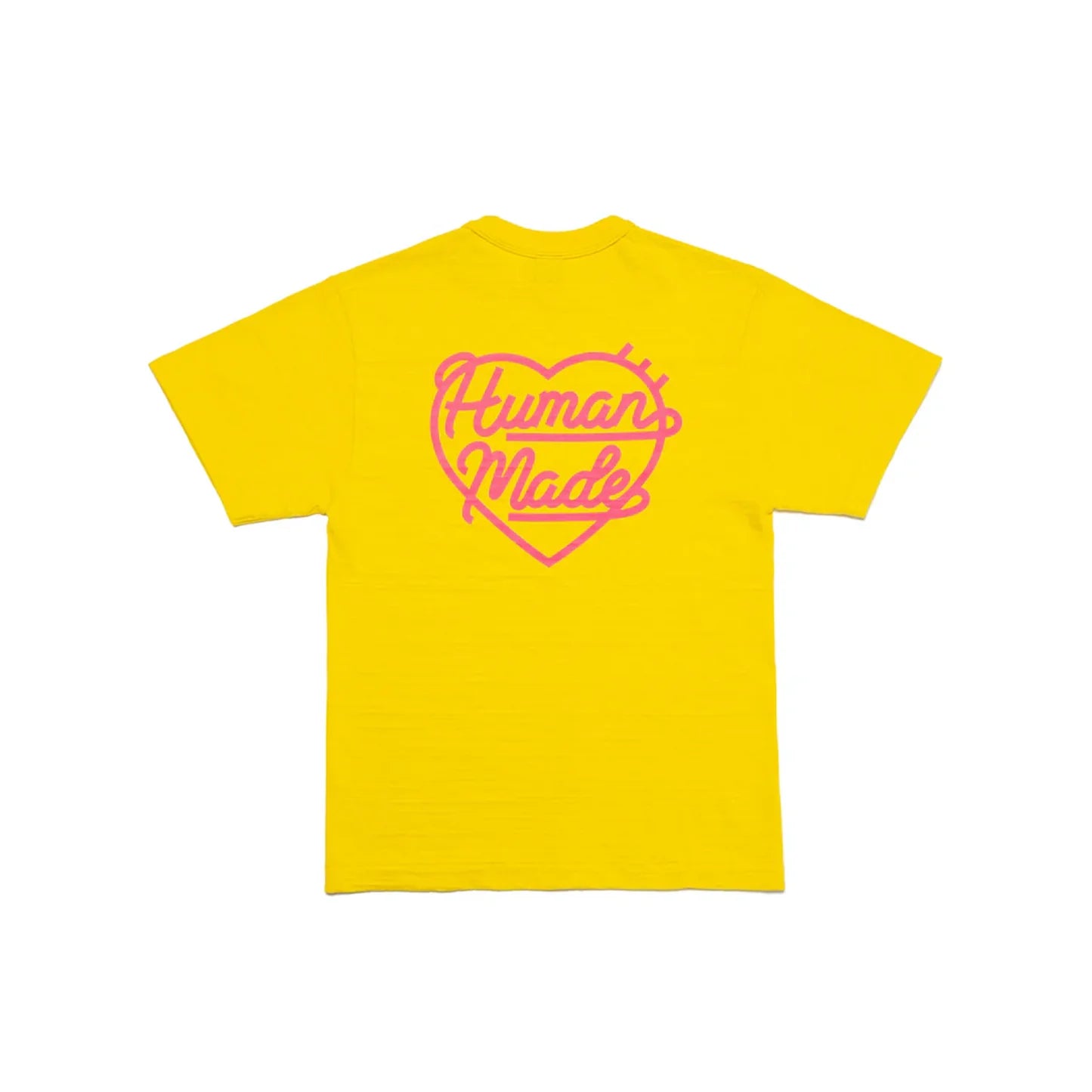 Human Made Coloured Small Heart Tee Yellow, featuring pink heart logo on front and large matching back graphic on yellow cotton tee.