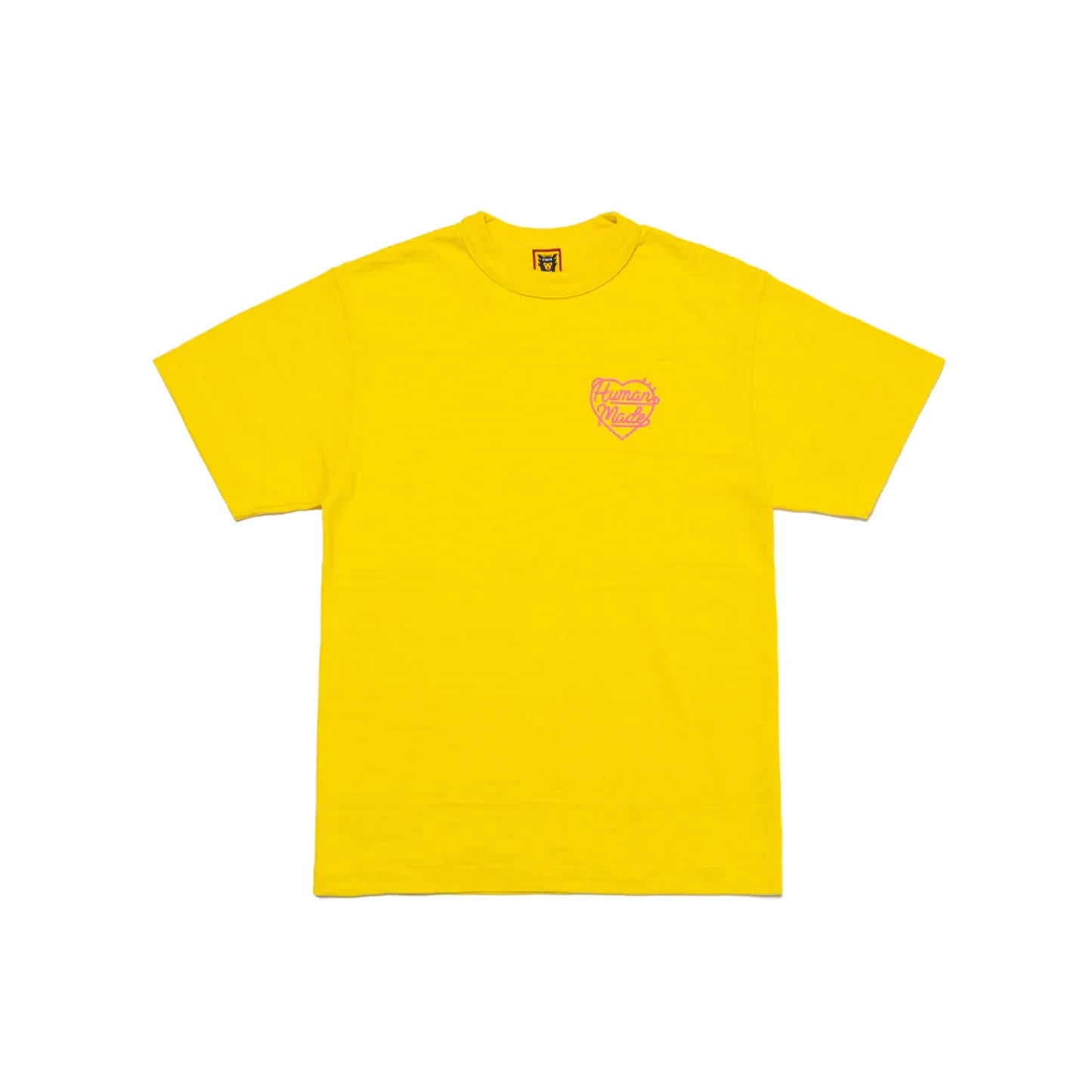 Human Made Coloured Small Heart Tee Yellow, featuring pink heart logo on front and large matching back graphic on yellow cotton tee.