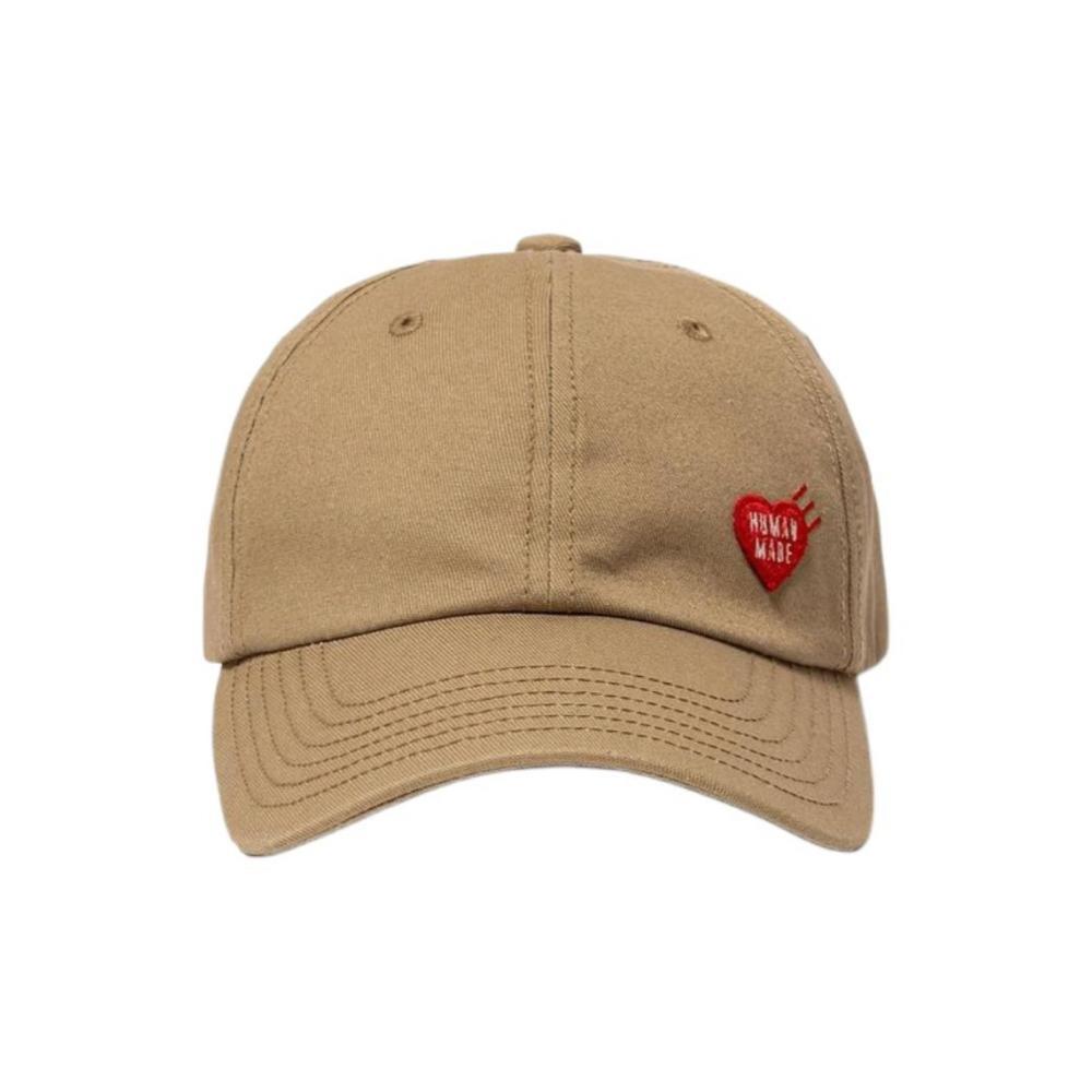Human Made 6 Panel Twill Cap Beige, featuring red heart logo on front, DRY ALLS embroidery on back, and adjustable strap in cotton twill.