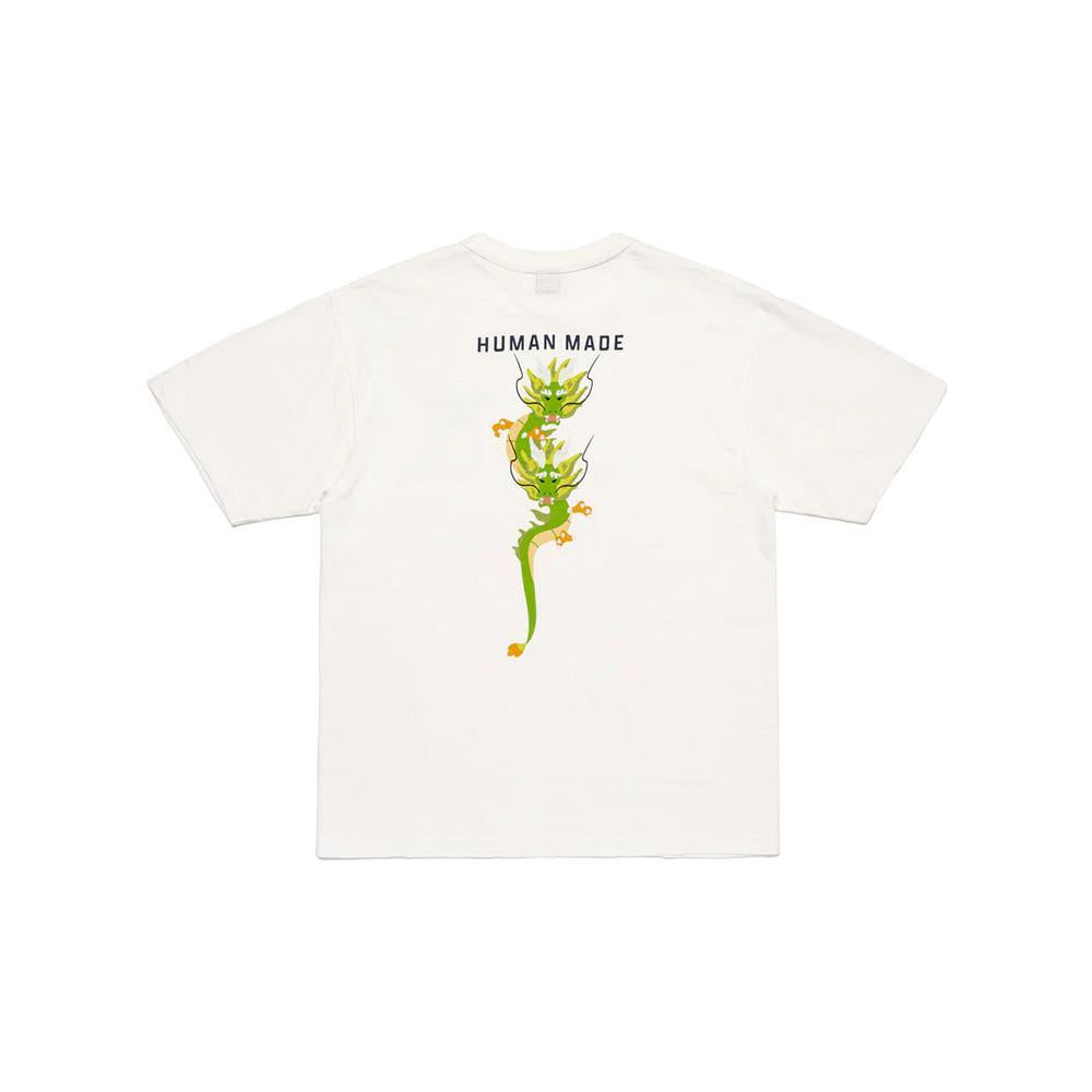 Human Made Dragon Backprint T-Shirt White SS24, featuring front “The Future Is In The Past” print and large green dragon graphic on the back.