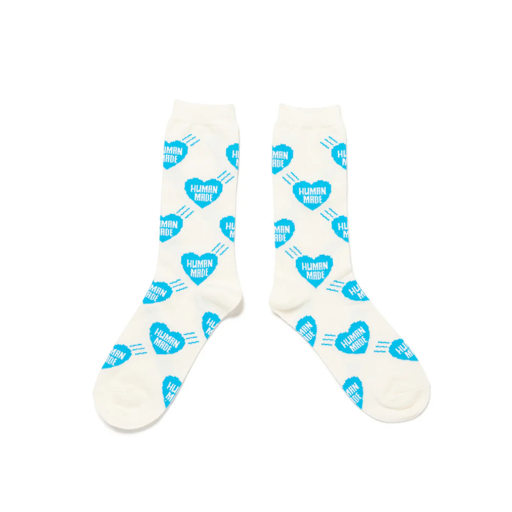 Human Made Long Socks Blue, featuring blue heart logo pattern on off-white cotton blend with ribbed cuffs and extended length.